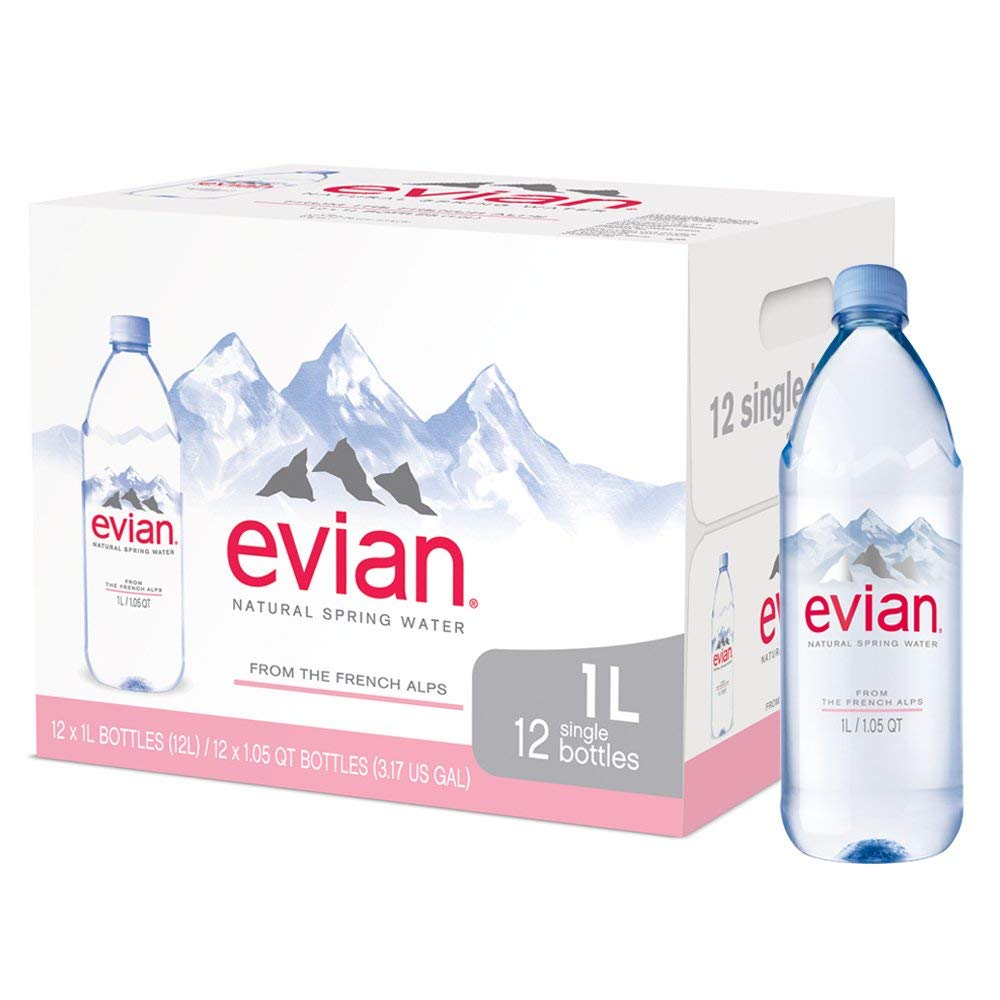 Case of 12 evian Natural Spring Water 1 Liter 33.8 Ounce Large Bottles