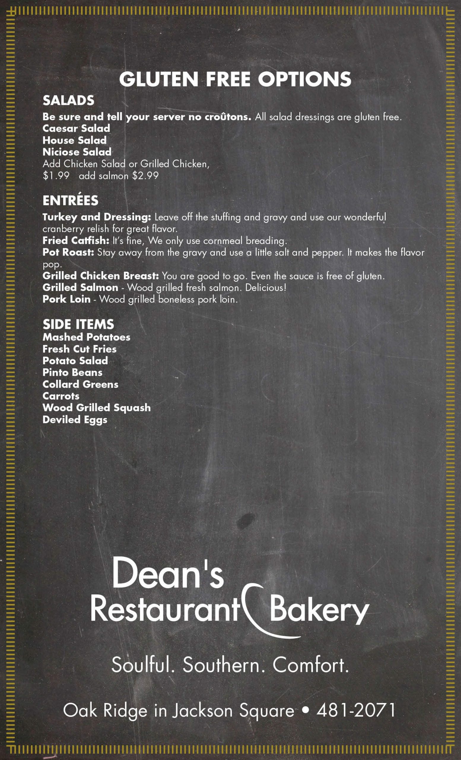 Menu Dean's Restaurant & Bakery