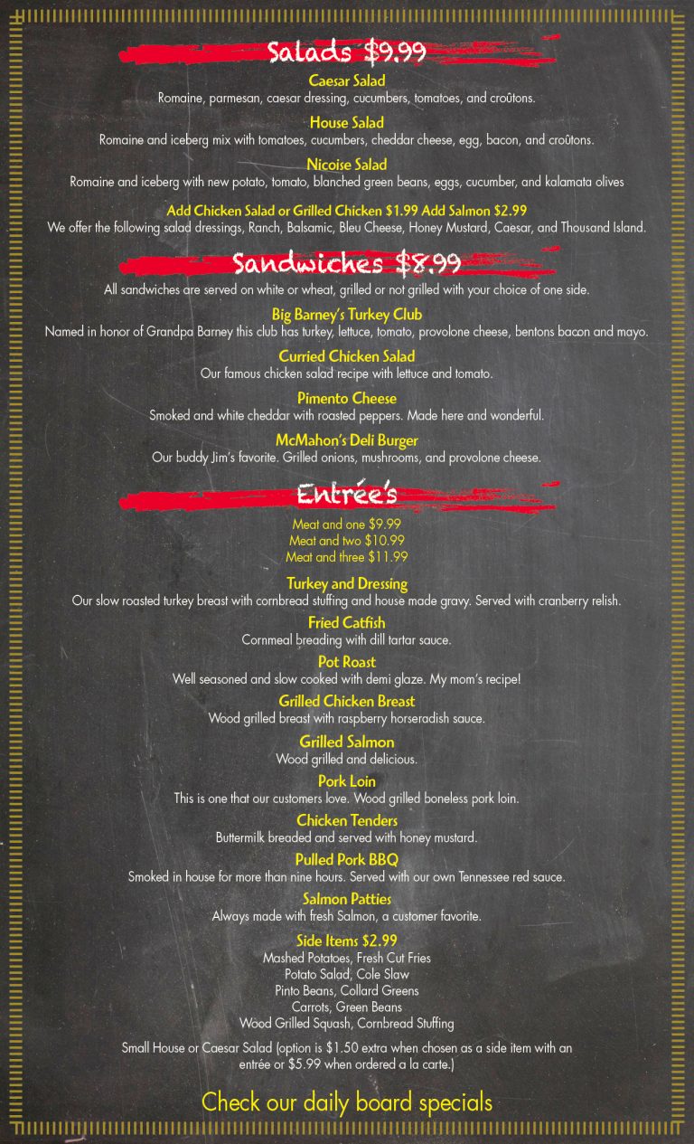 Menu Dean's Restaurant & Bakery