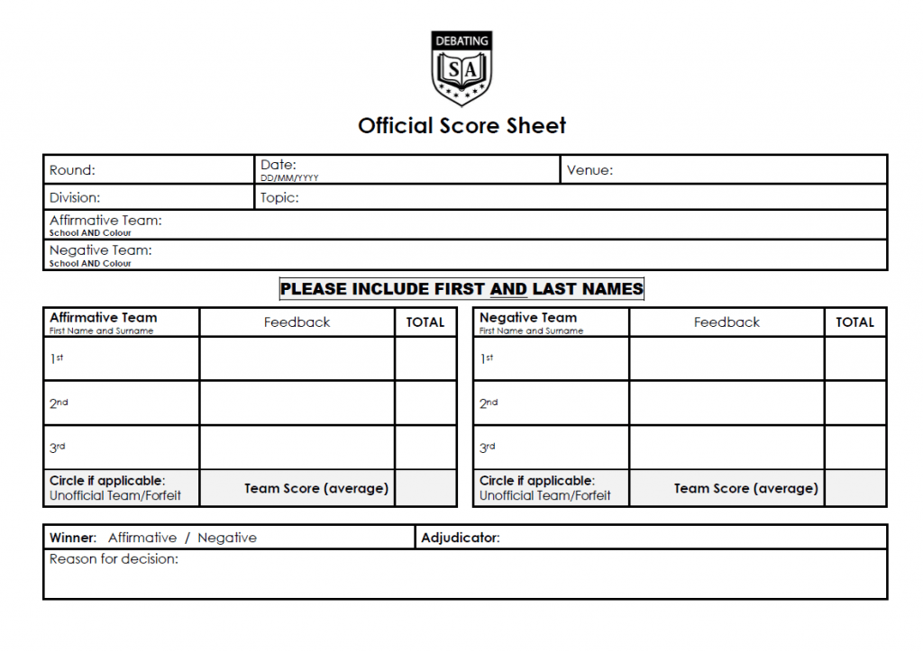 Chairman, Timekeeper and Official Score Sheets Debating SA Incorporated
