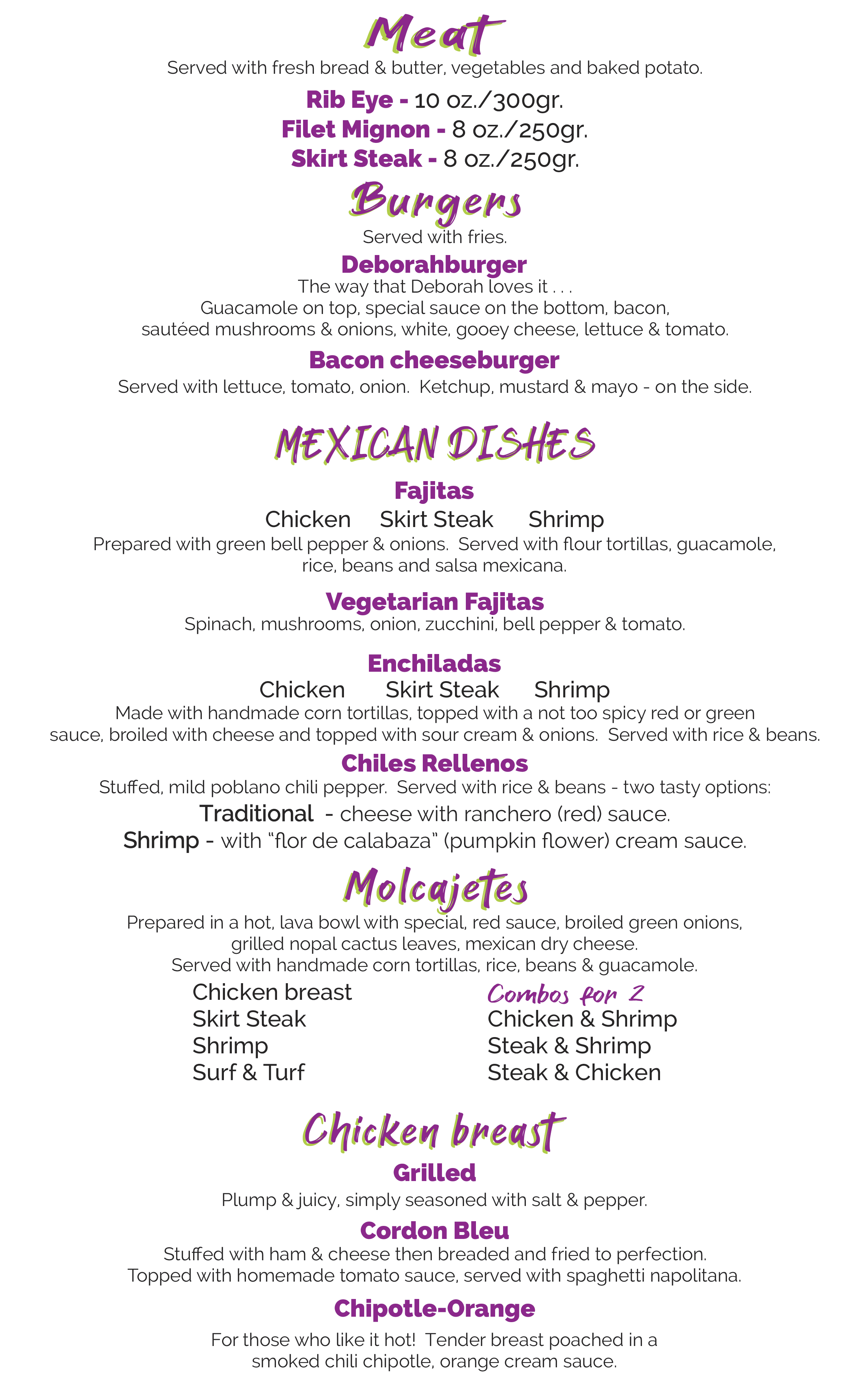 Menu for Deborah's Restaurant in IxtapaZihuatanejo, Mexico