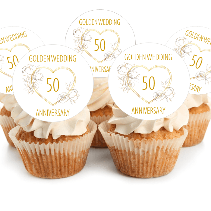 Golden Wedding Anniversary Cupcake Toppers 4cm x 24 Debs Kitchen Cakes