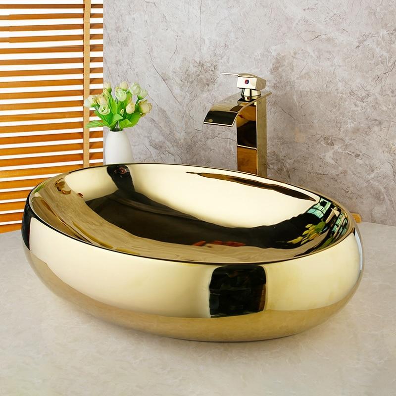 Polished Golden Ceramic Vessel Sink with Golden Plated Solid Brass