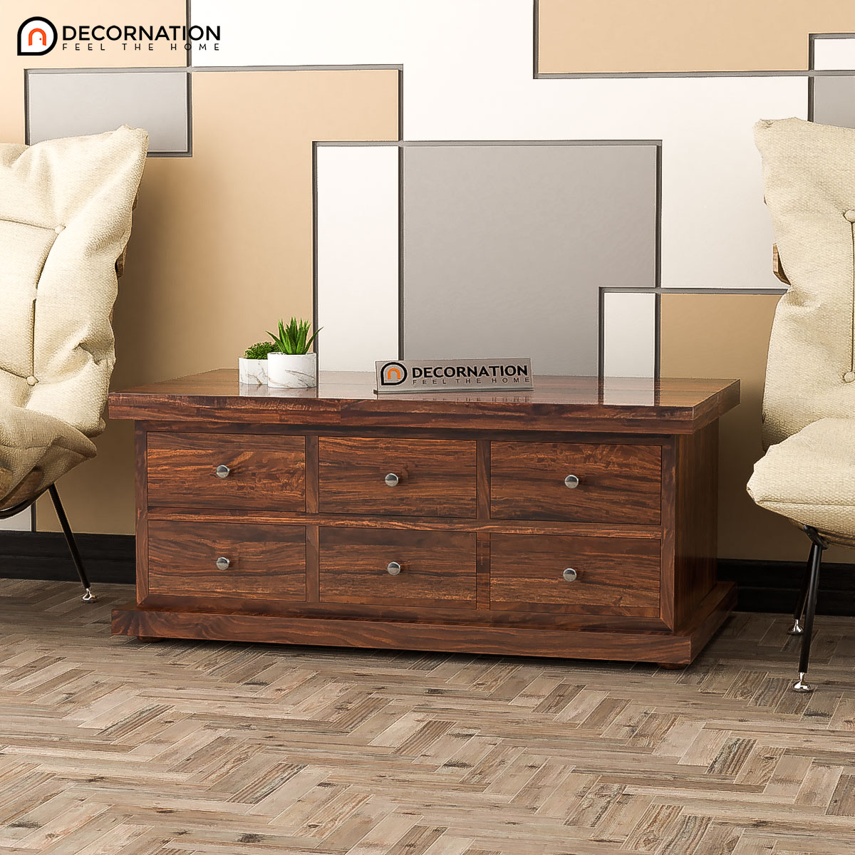 Charon Solid Wood 6 Drawers Living room Brown Decornation