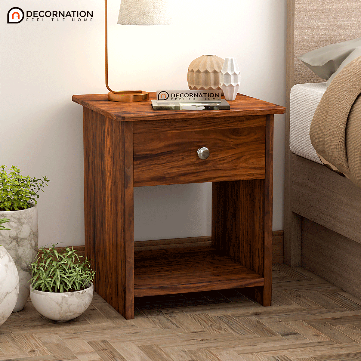 Tagus Solid Wood 1 Drawer Bedside Table With Storage Natural Finish Decornation