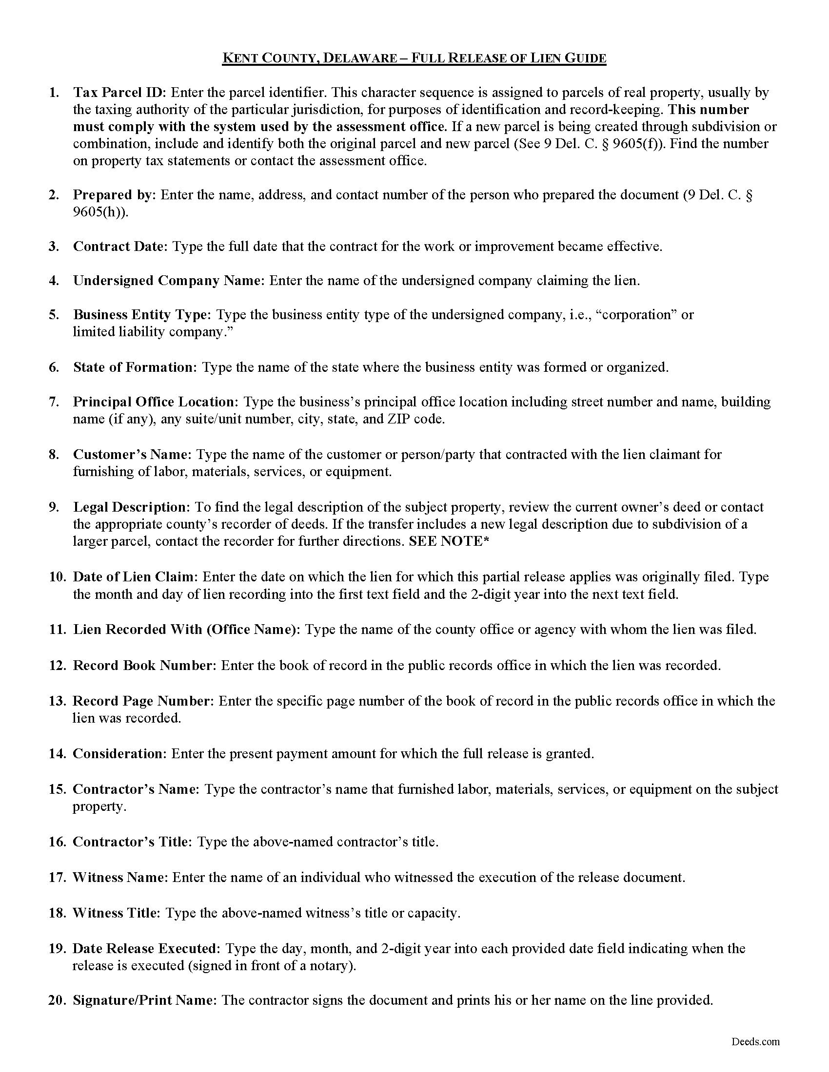 Kent County Full Lien Release Form Delaware