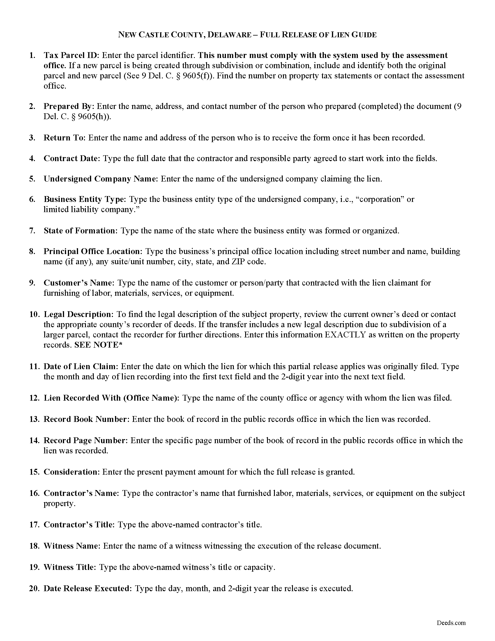 New Castle County Full Lien Release Form Delaware