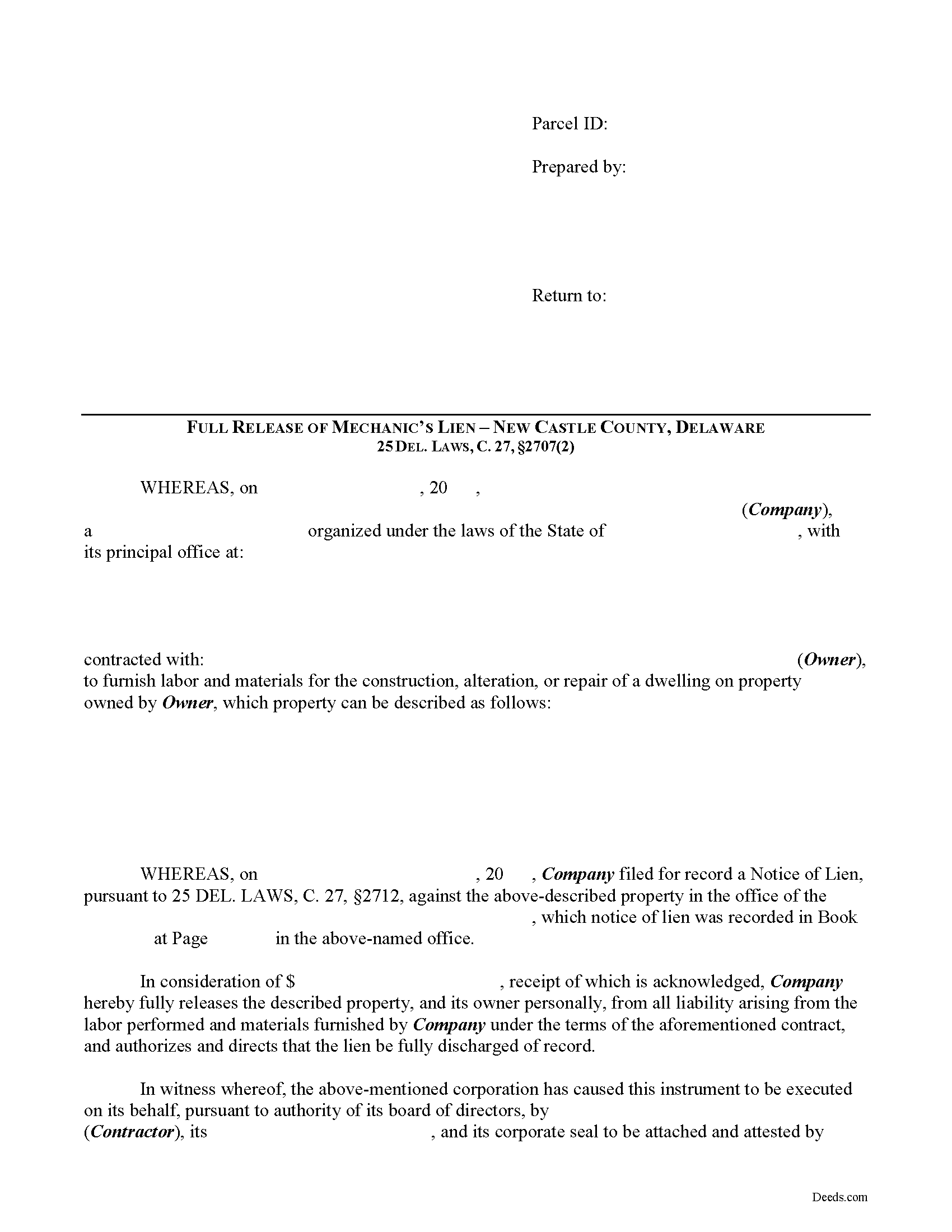 New Castle County Full Lien Release Form Delaware