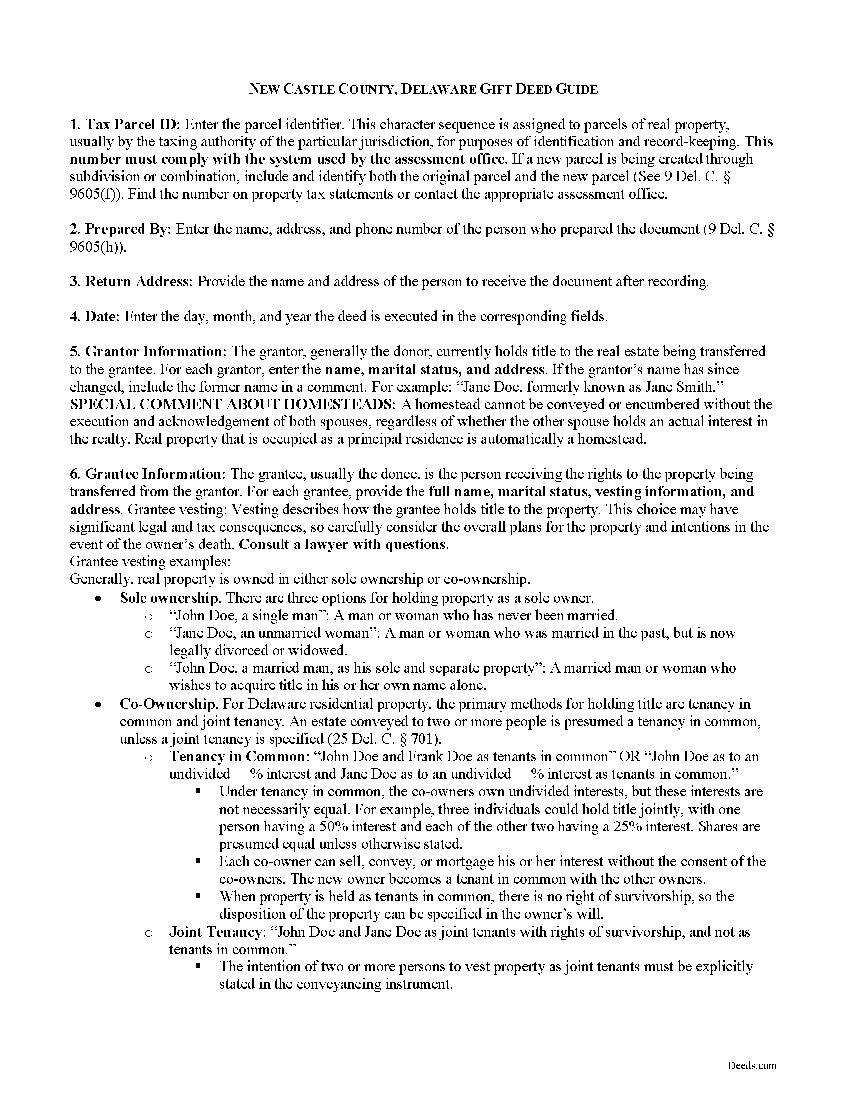 New Castle County Gift Deed Form Delaware