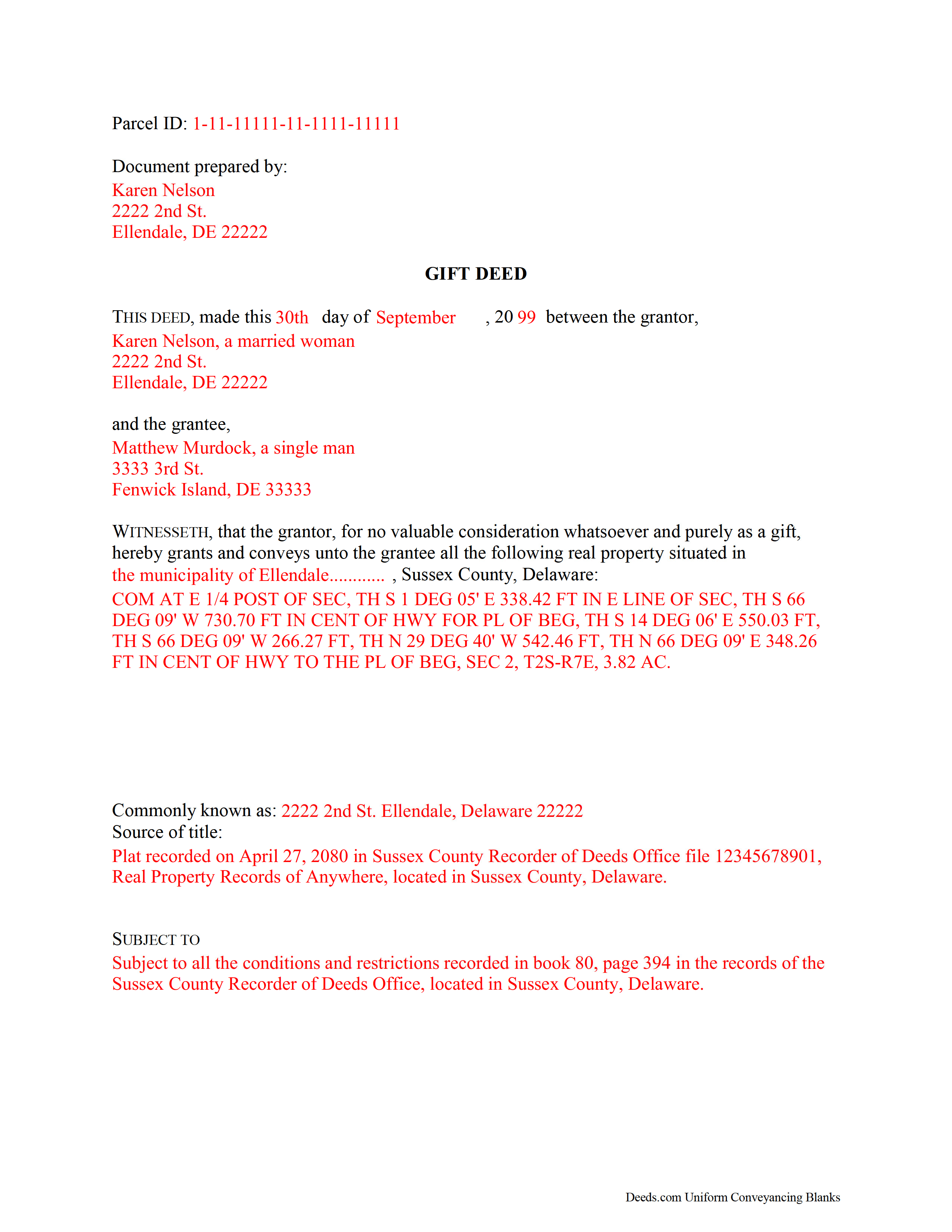 Sussex County Gift Deed Form Delaware