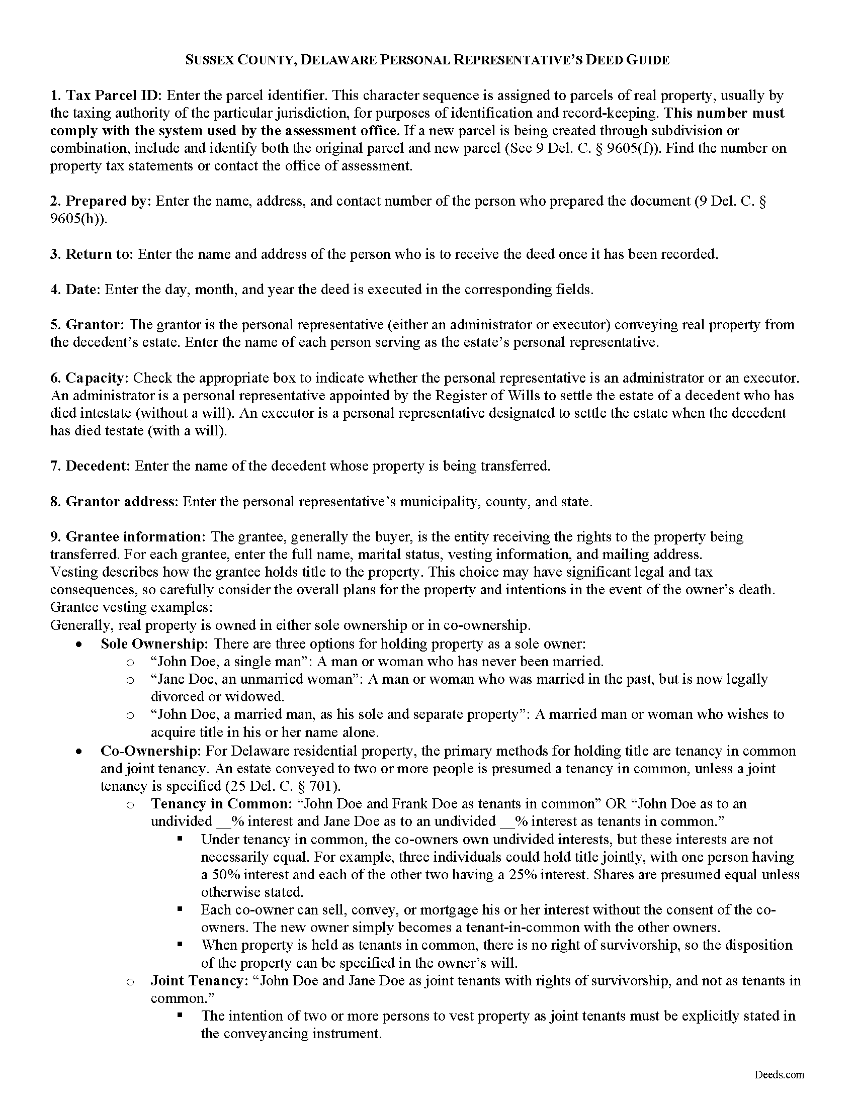 Sussex County Personal Representative Deed Form Delaware