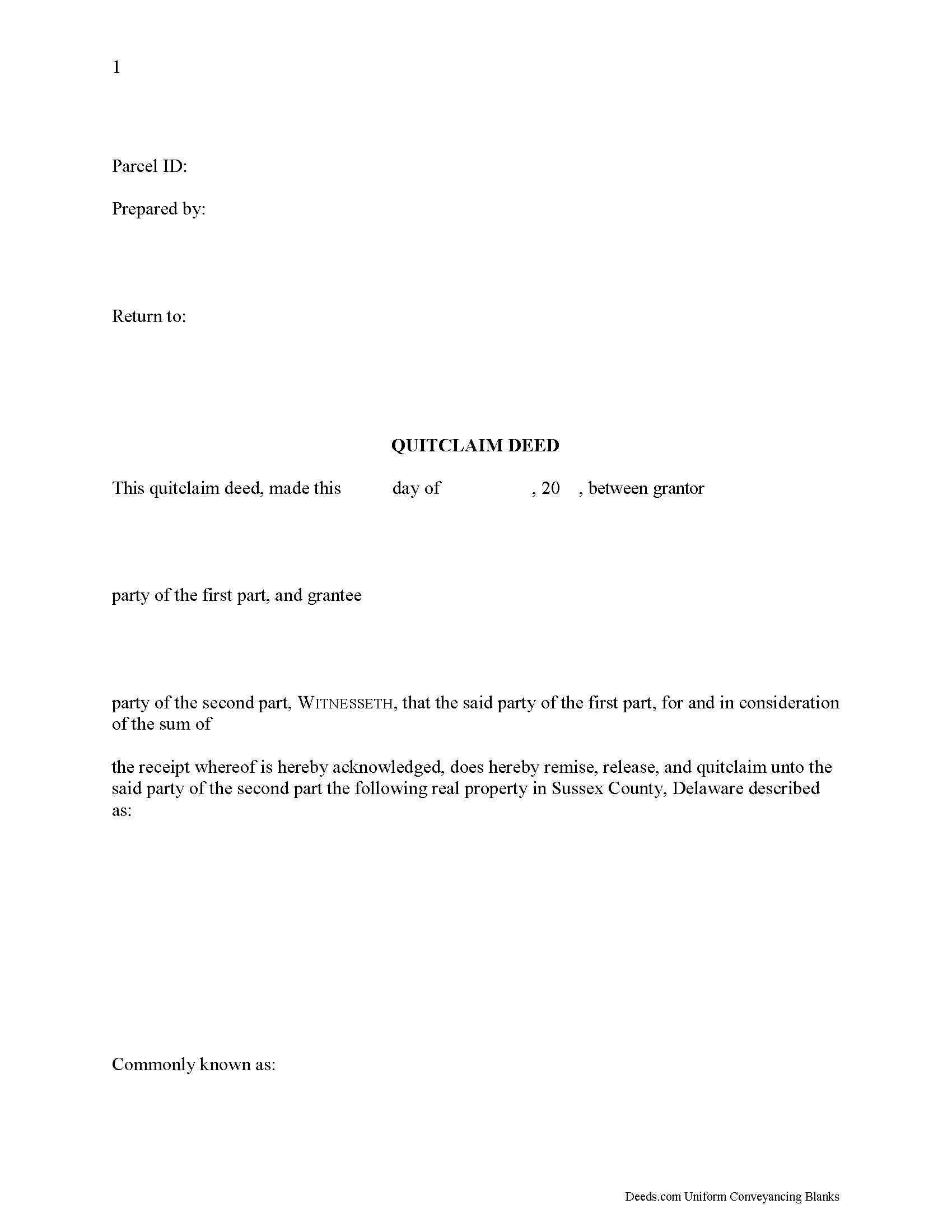 Sussex County Quitclaim Deed Form Delaware