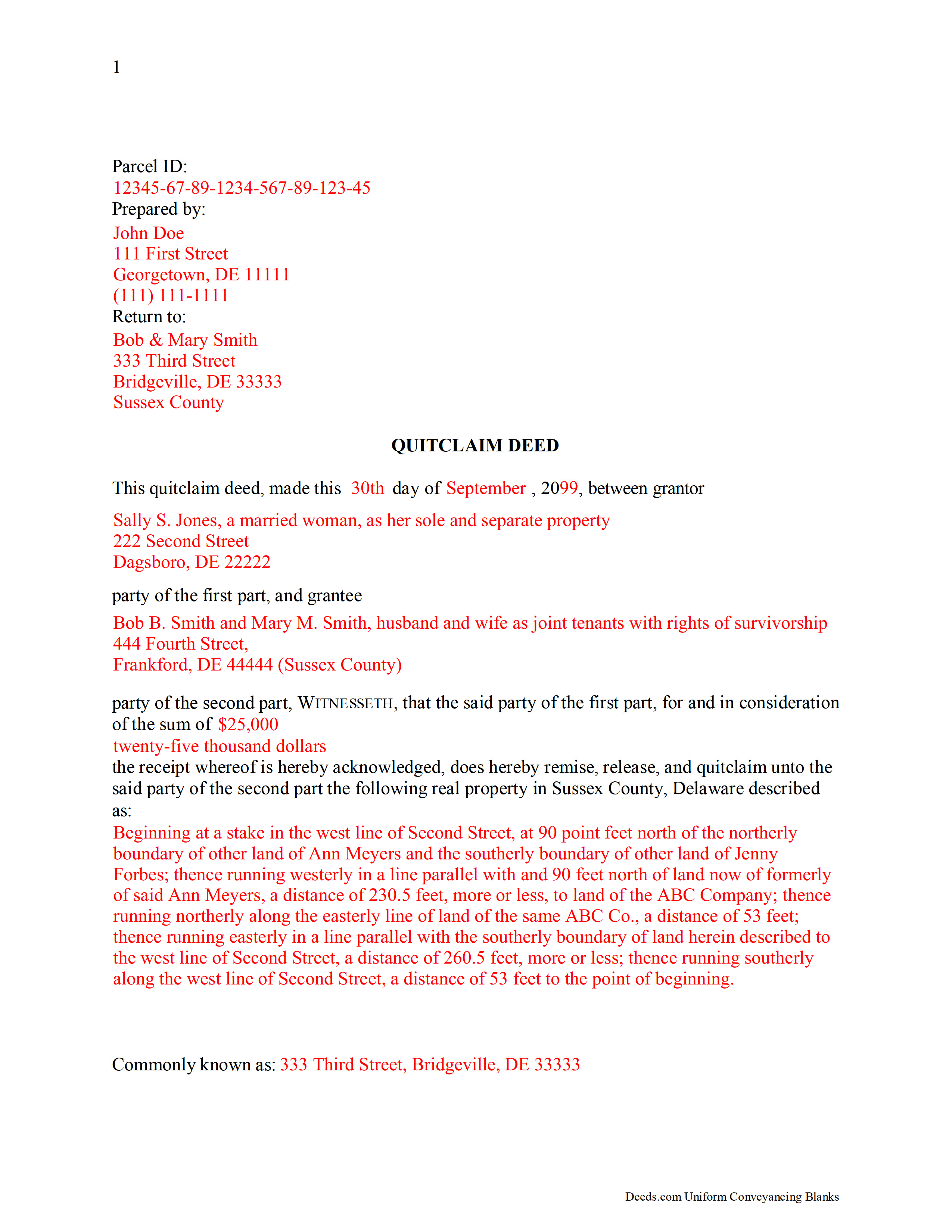 Sussex County Quitclaim Deed Form Delaware