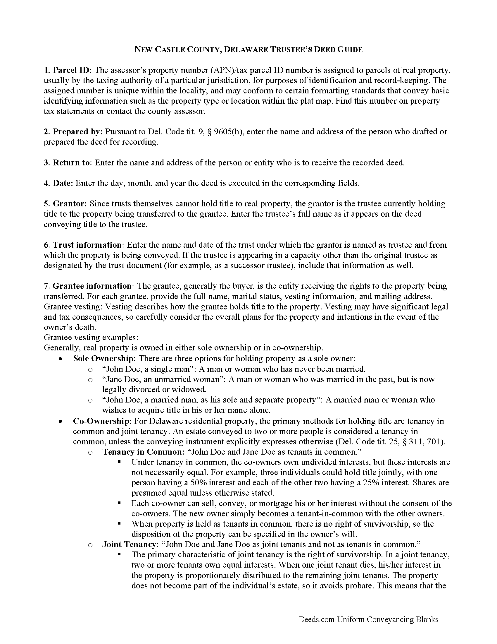 New Castle County Trustee Deed Form Delaware