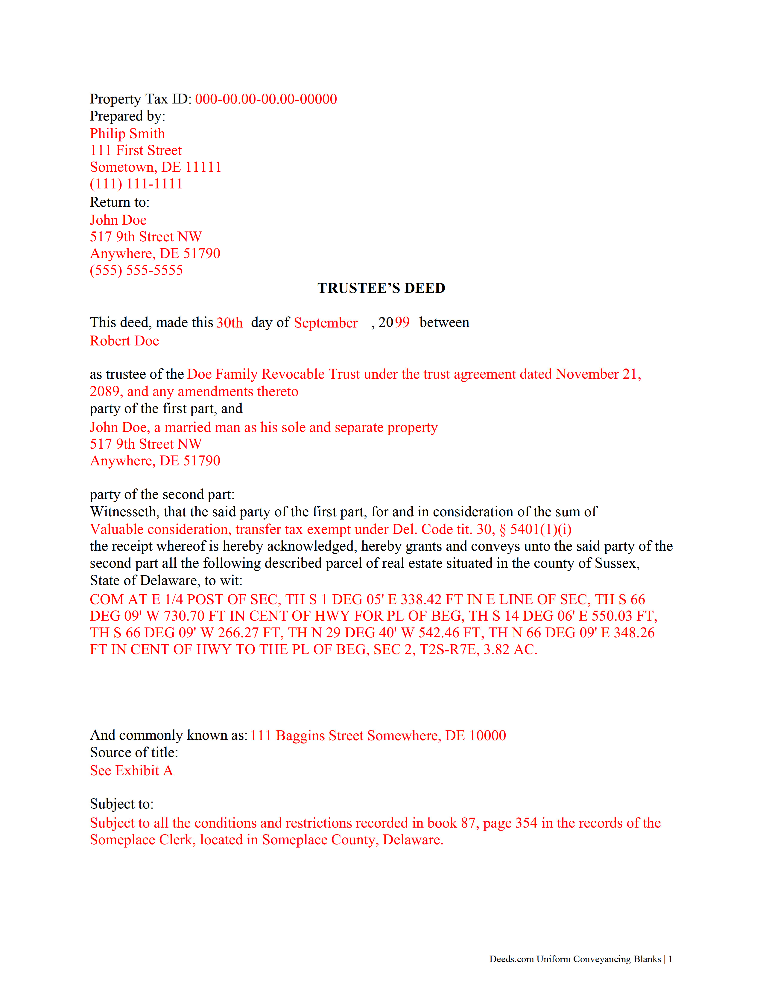 Sussex County Trustee Deed Form Delaware