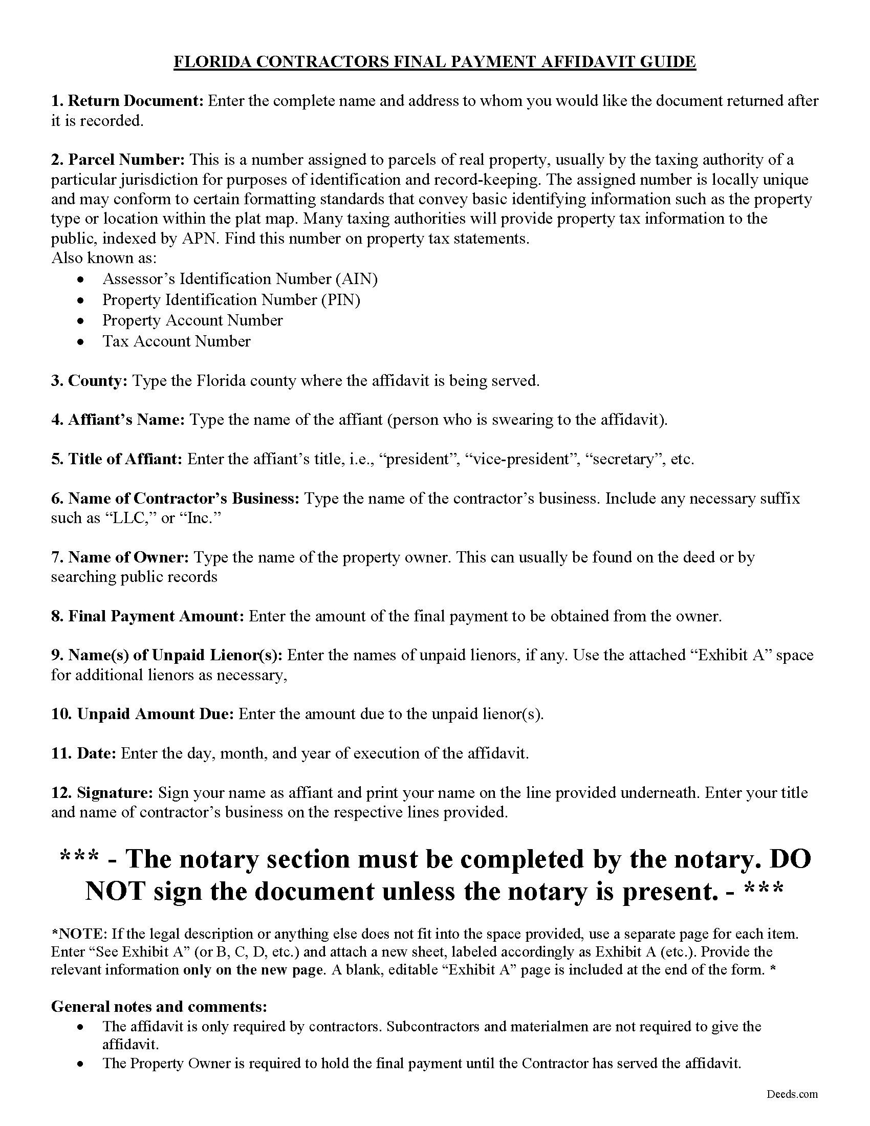 Palm Beach County Final Payment Affidavit Form Florida