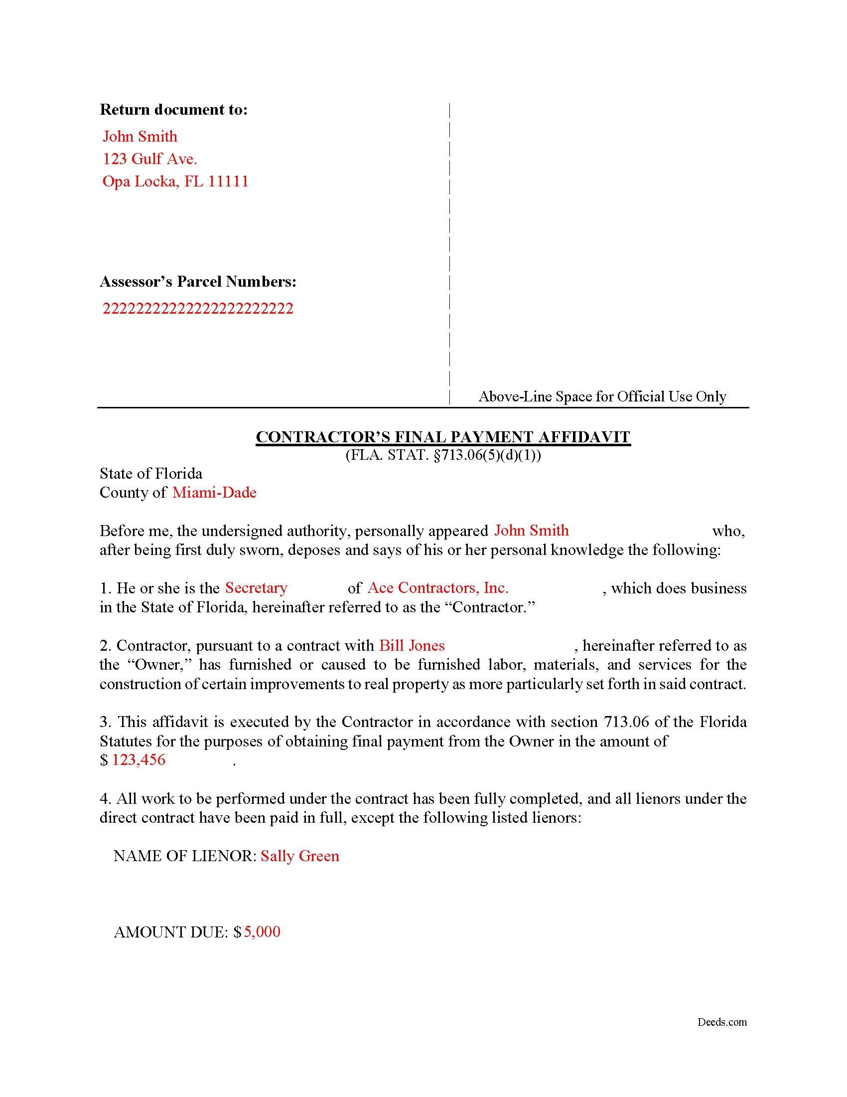 Miamidade County Final Payment Affidavit Form Florida