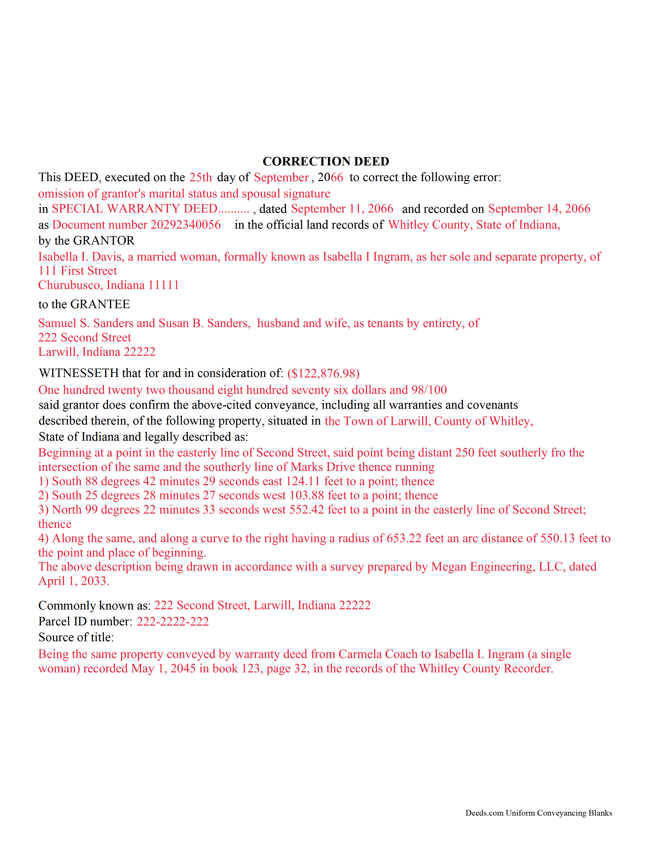 Hamilton County Correction Deed Form Indiana