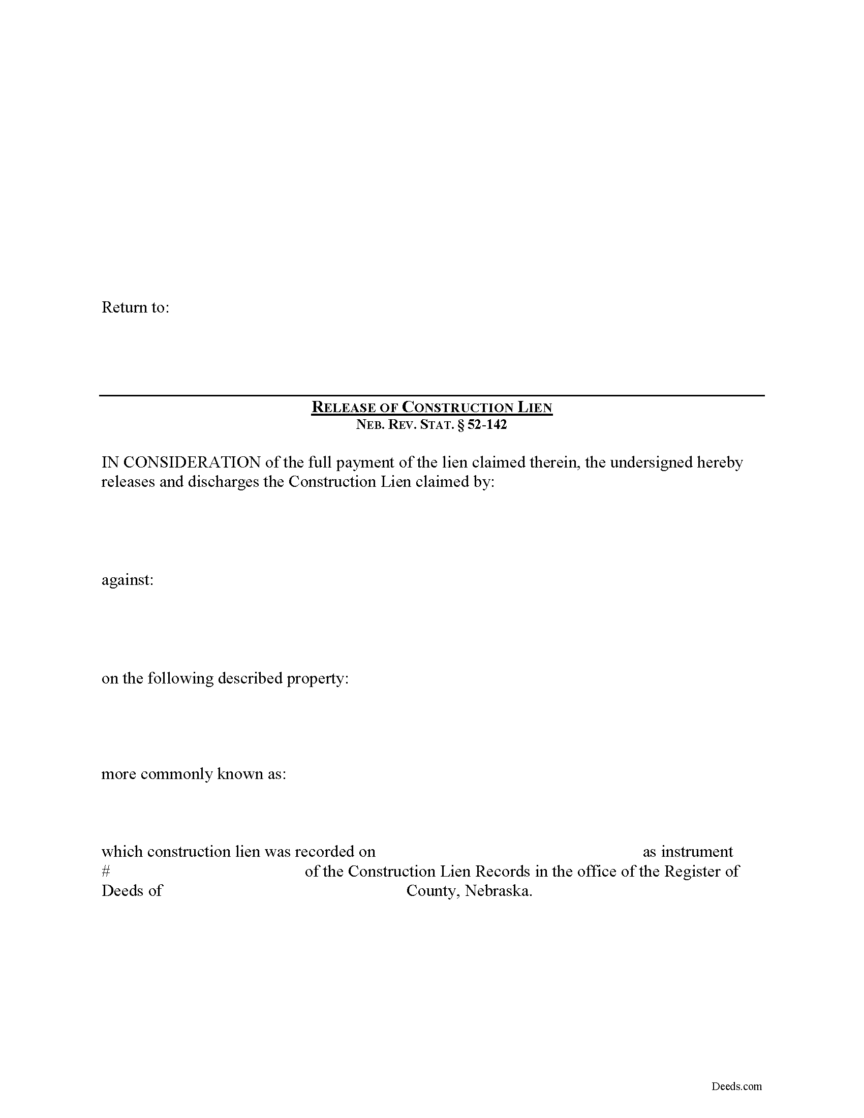 Butler County Construction Lien Release Form Nebraska