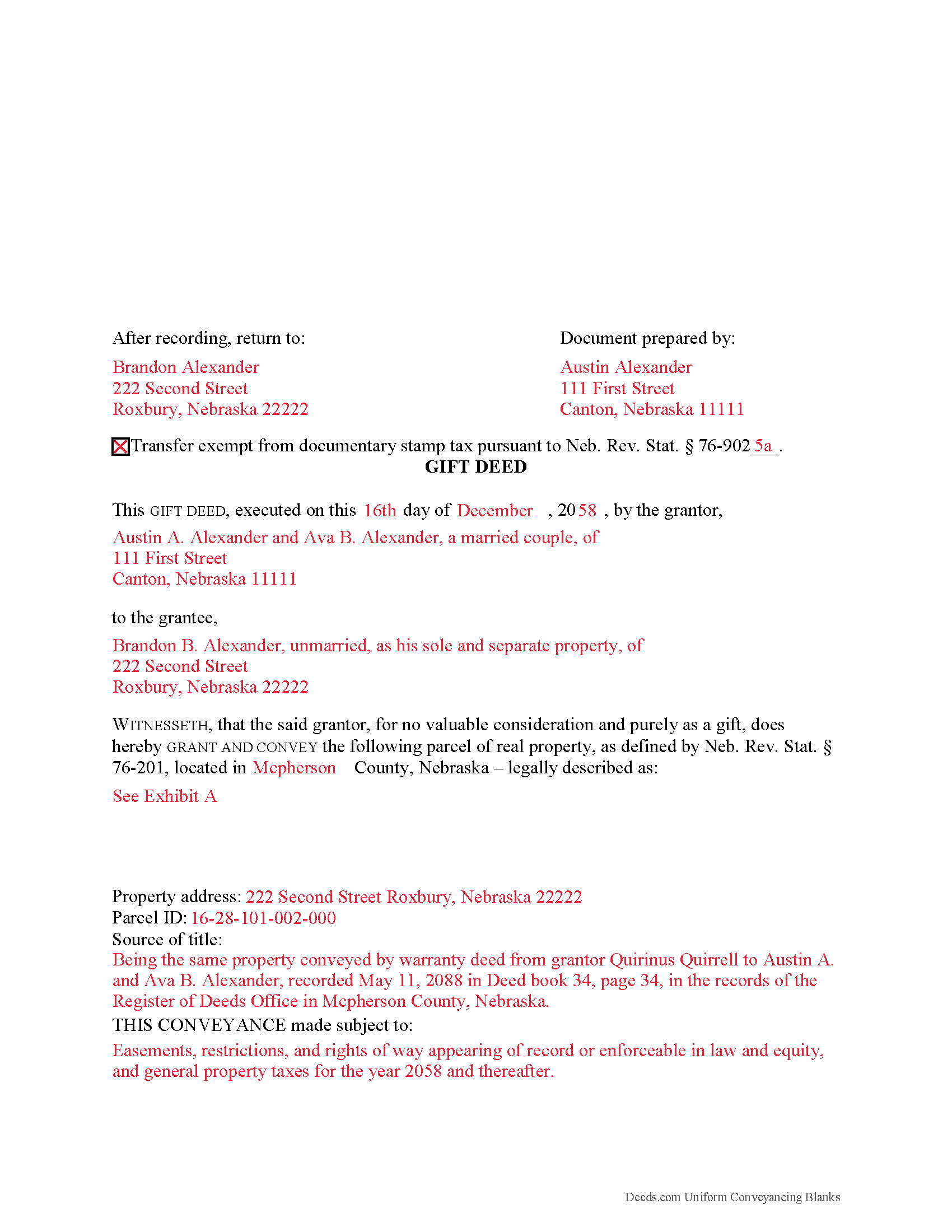 Madison County Gift Deed Form Nebraska