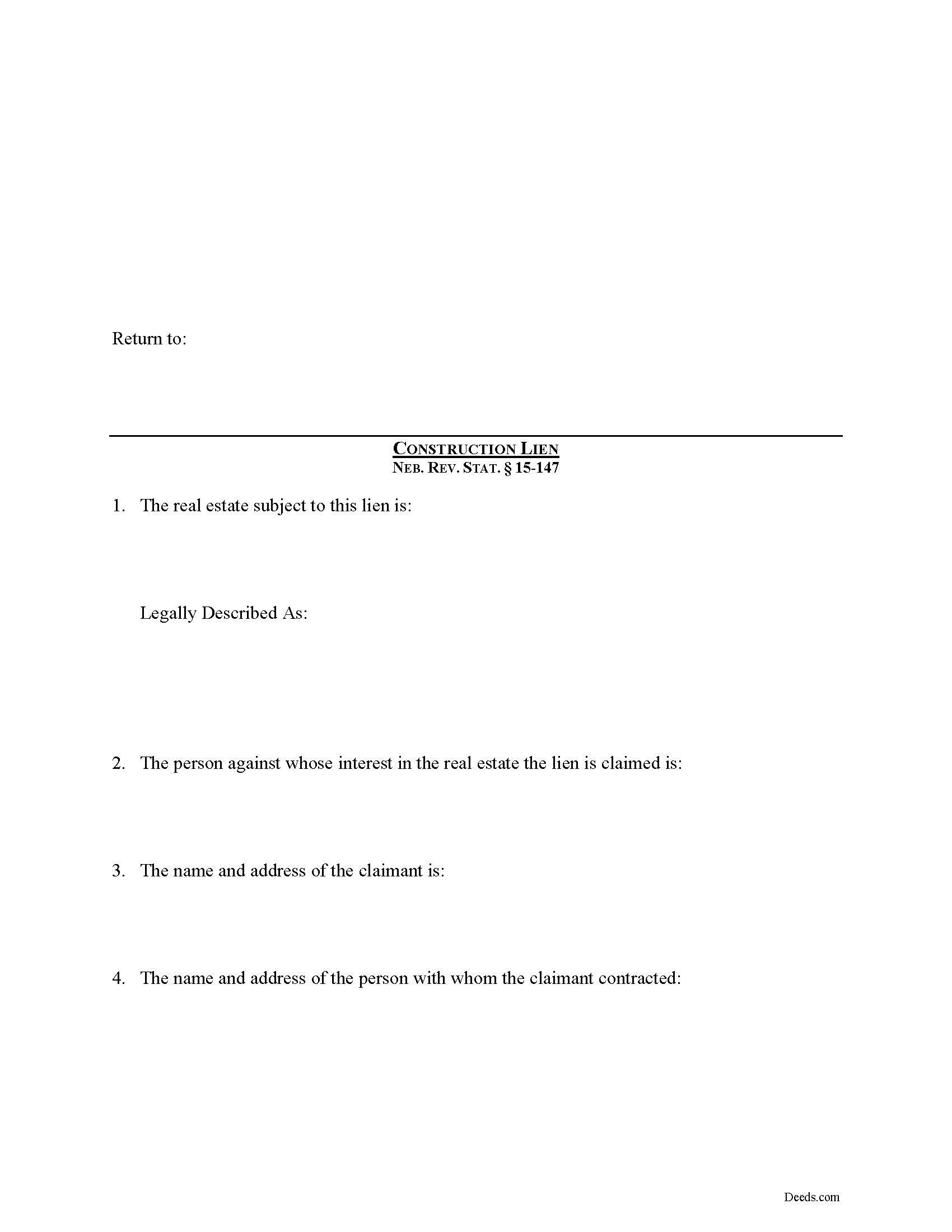 Nebraska Construction Lien Forms