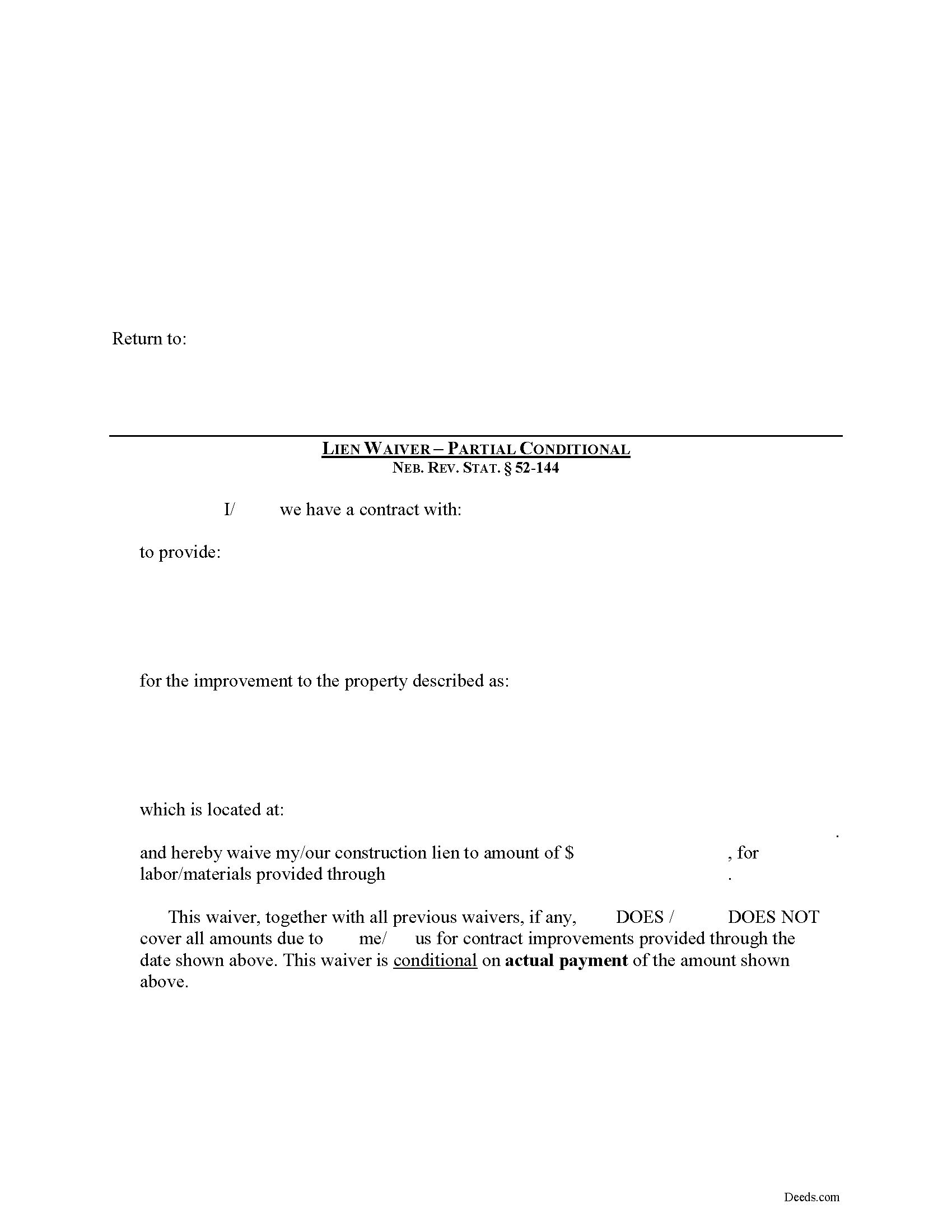 Dawson County Partial Conditional Lien Waiver Form Nebraska