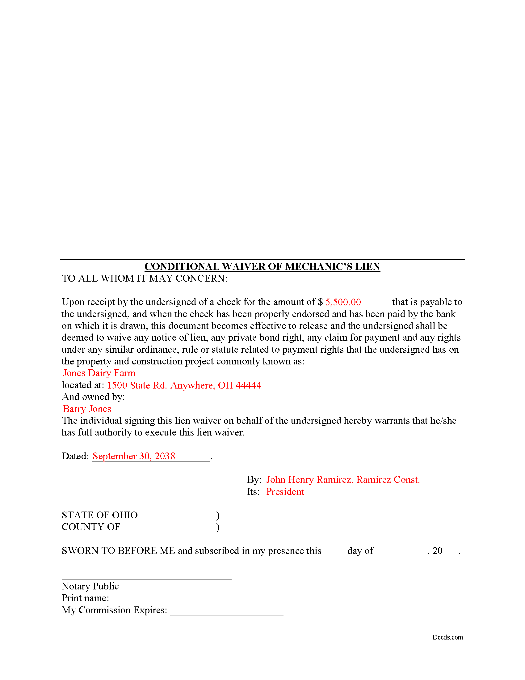 Franklin County Conditional Lien Waiver Form Ohio