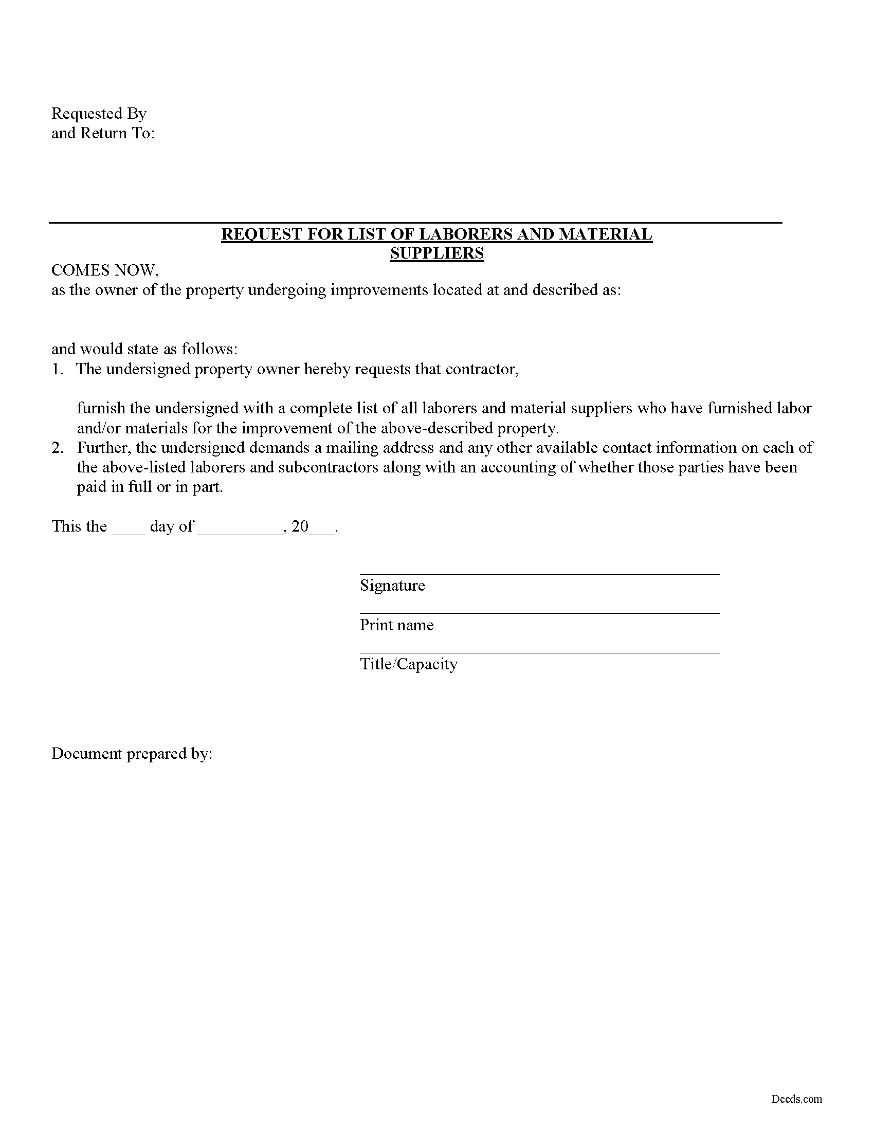 Pittsburg County Request for List Form Oklahoma