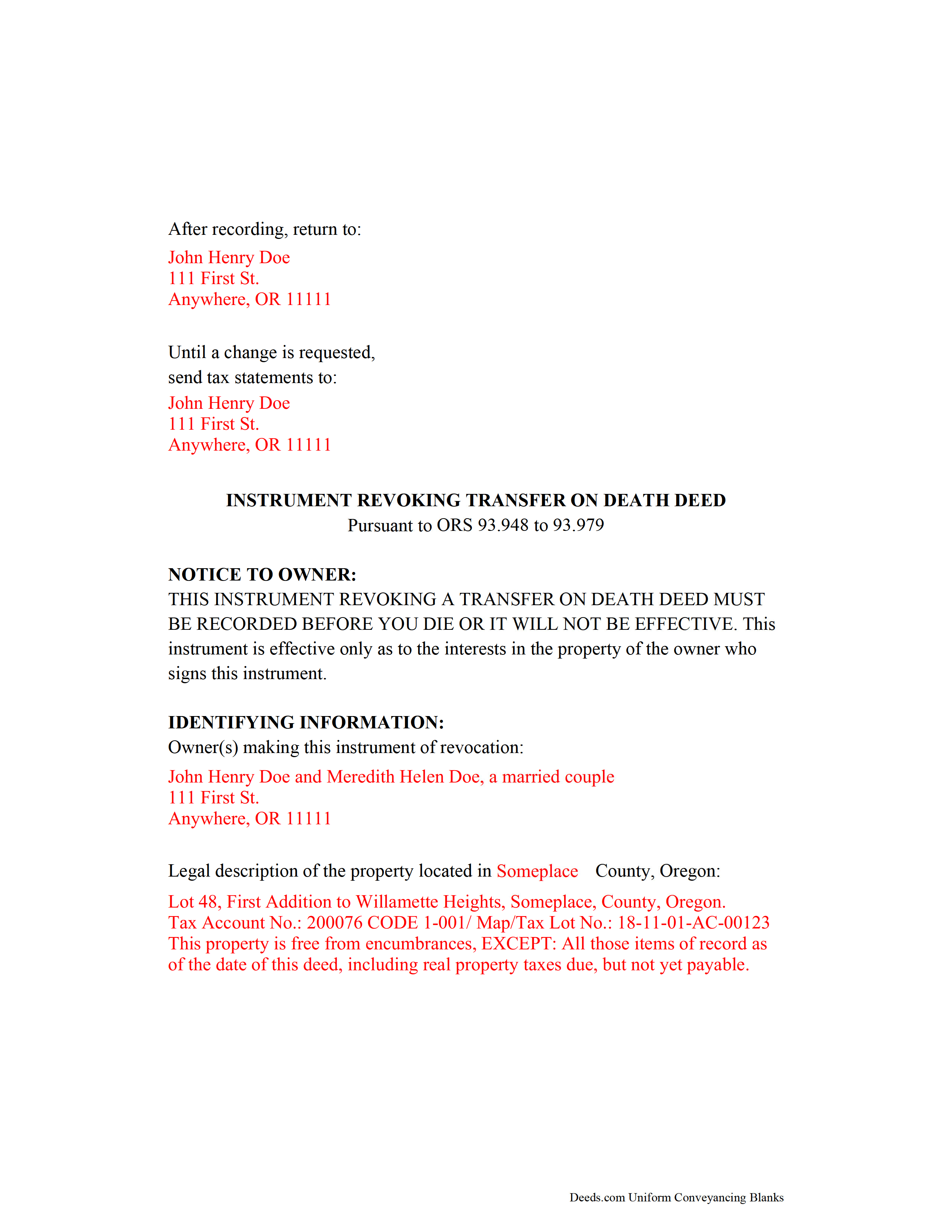 Yamhill County Transfer on Death Revocation Form Oregon