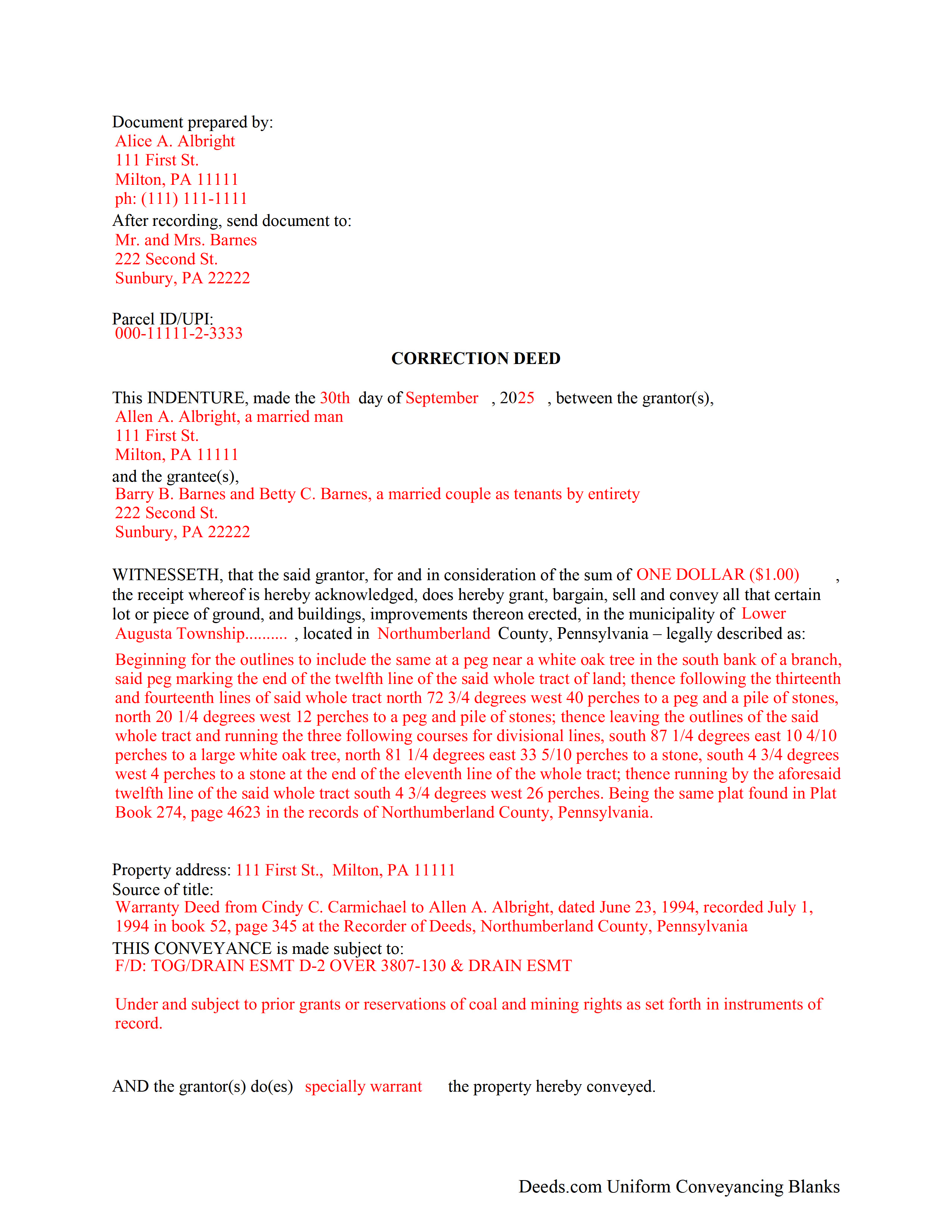 Wayne County Correction Deed Form Pennsylvania