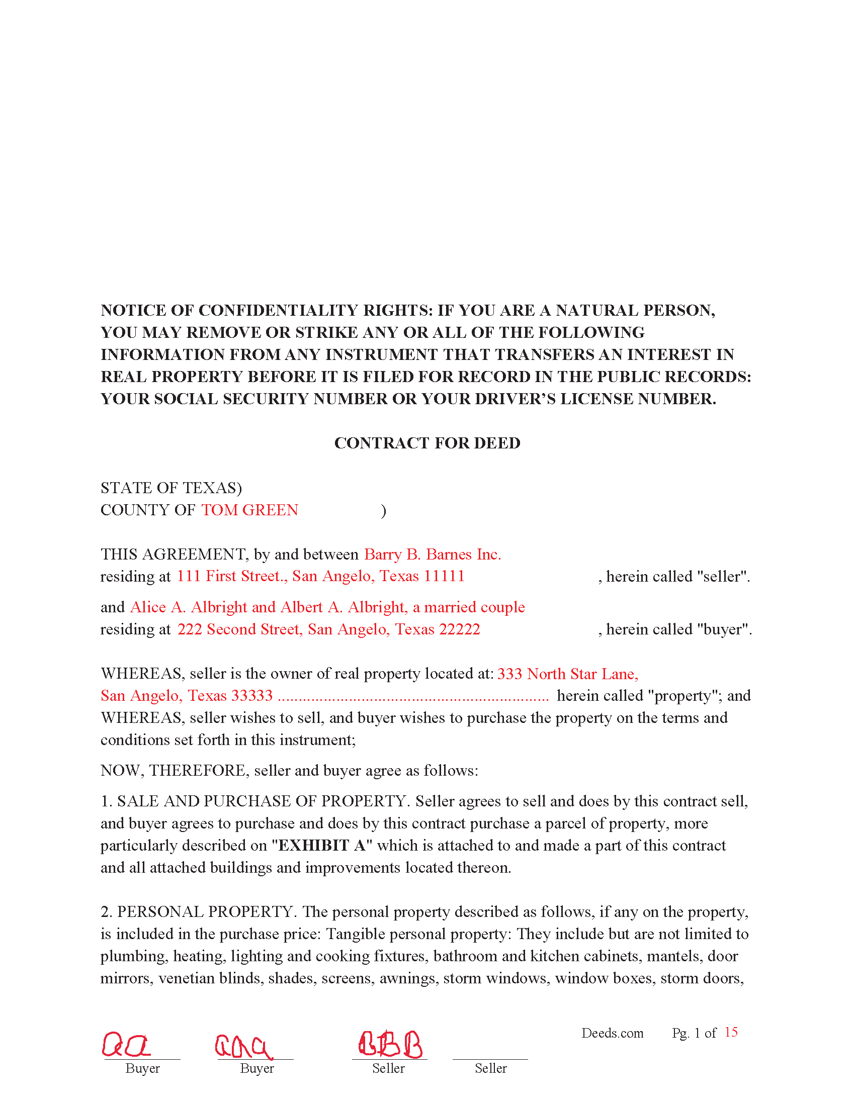 Brazoria County Contract for Deed Form Texas