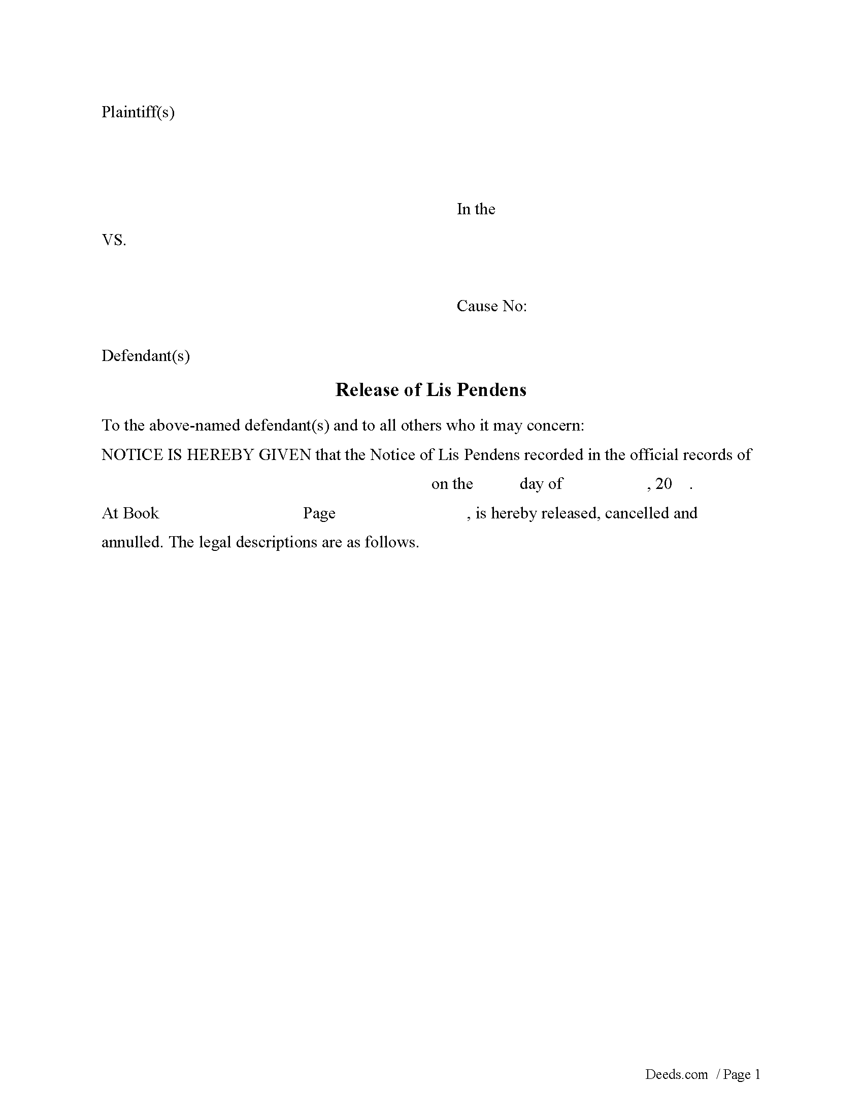 Dallas County Lis Pendens Release Form Texas