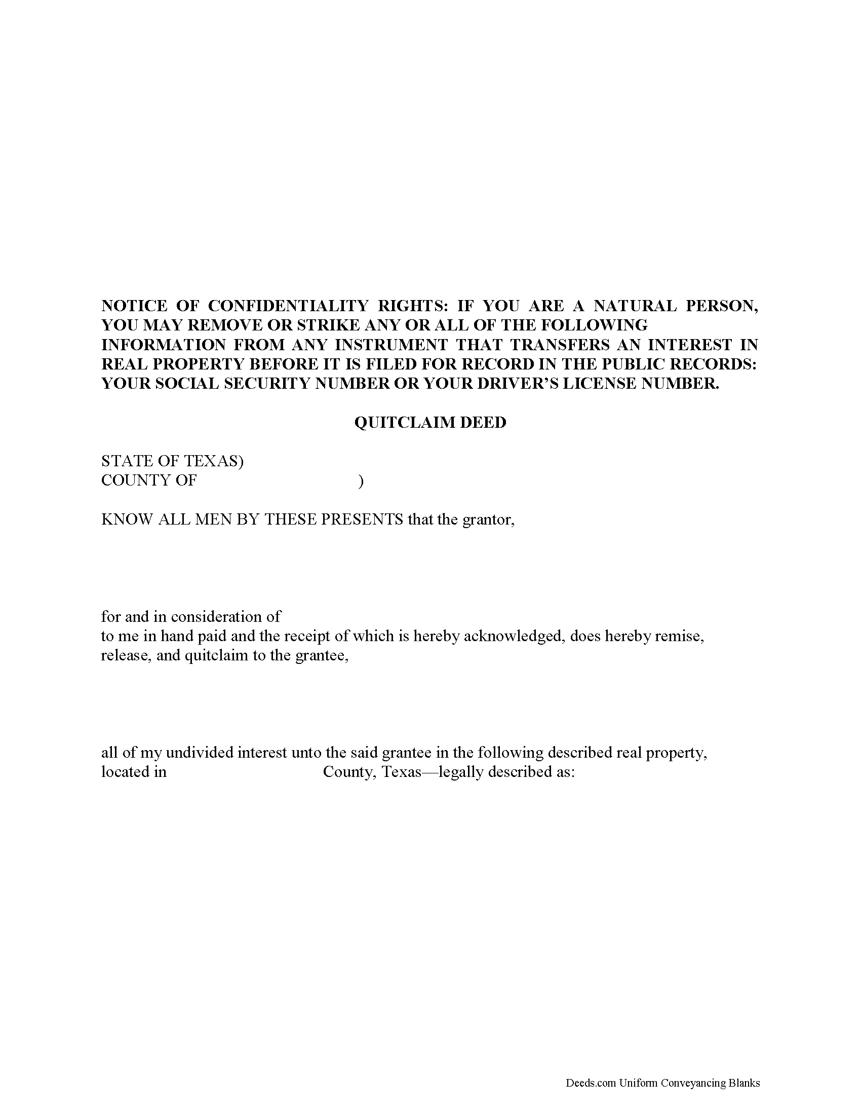 Texas Quitclaim Deed Forms