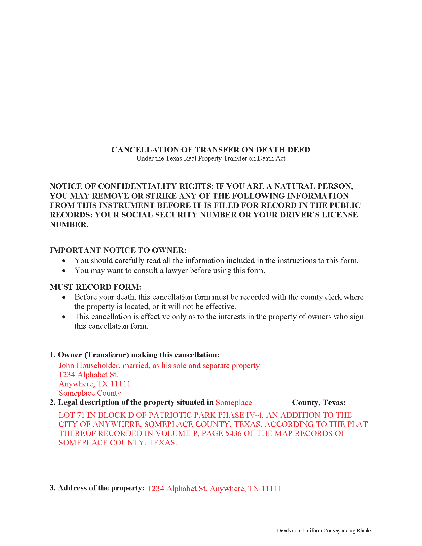 Harris County Transfer on Death Revocation Form Texas