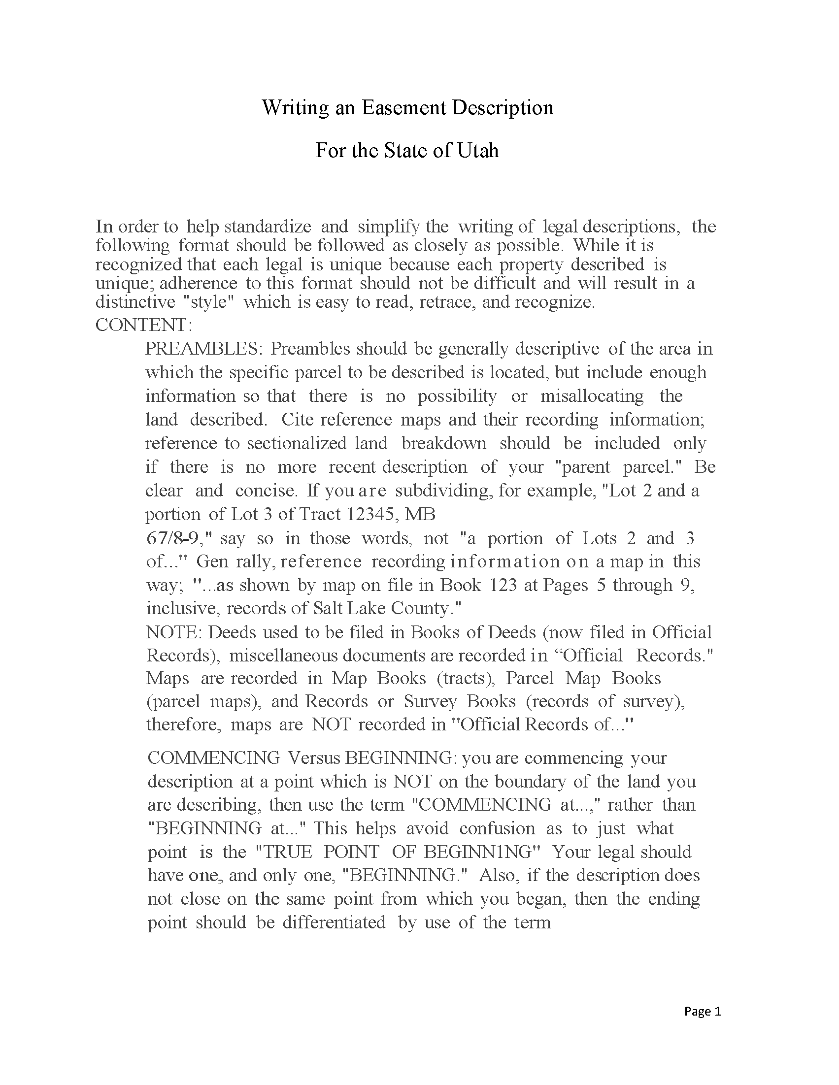 Summit County Easement Deed Form Utah