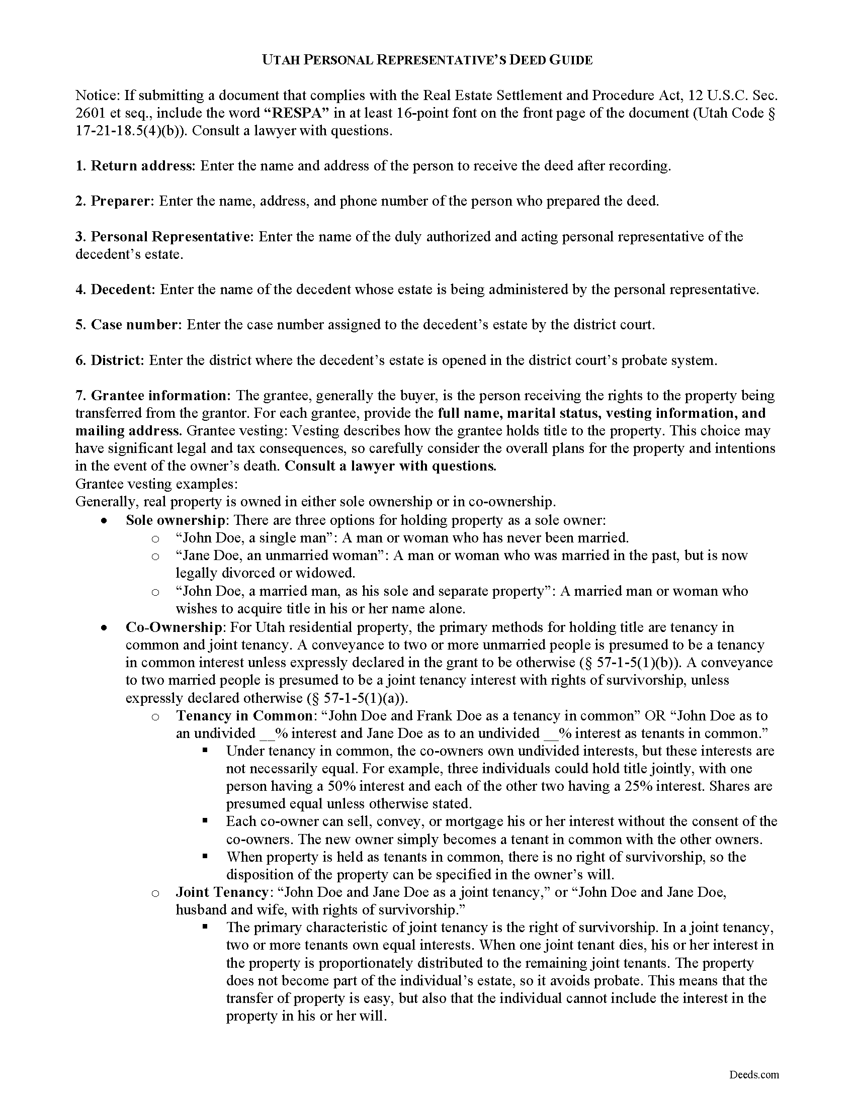 Salt Lake County Personal Representative Deed Form Utah