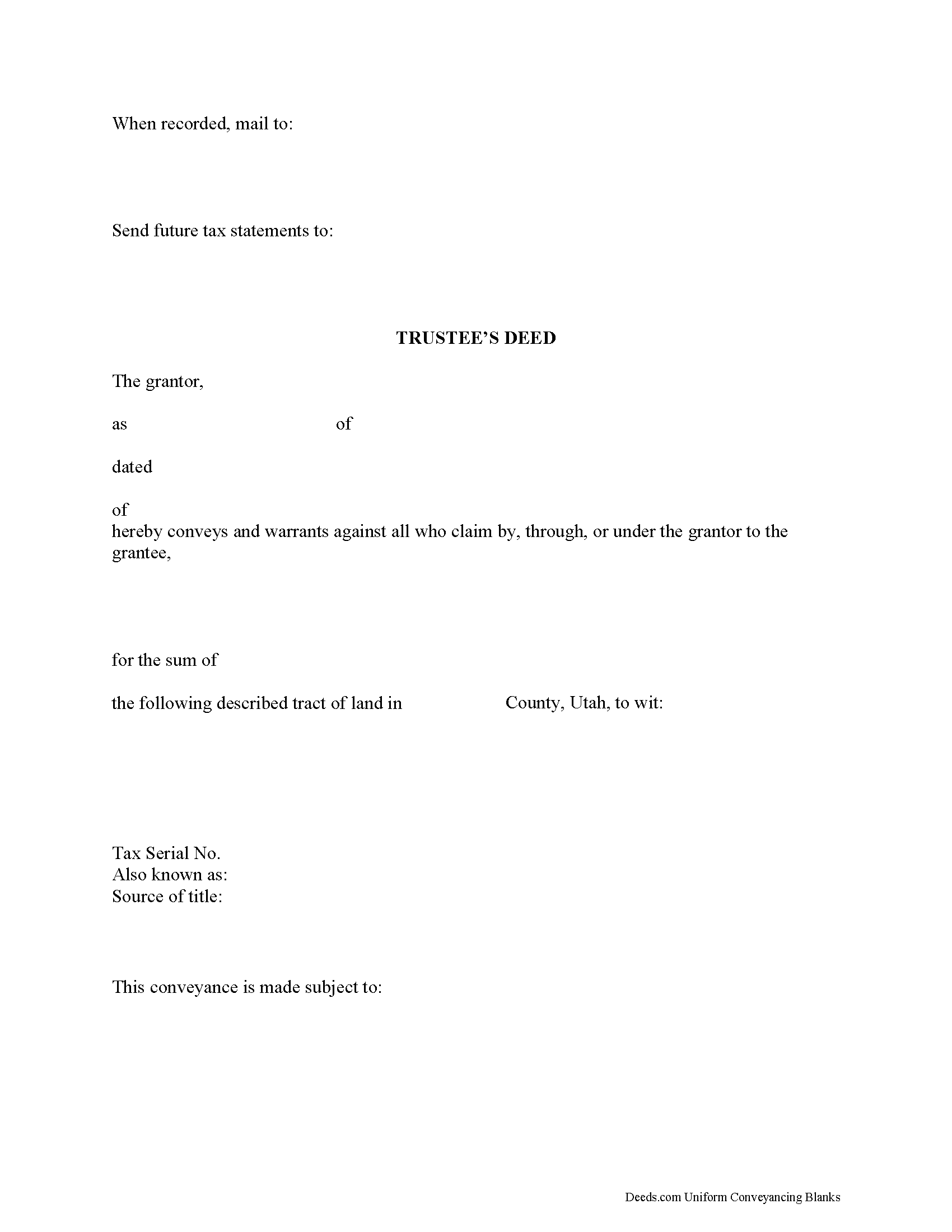 Salt Lake County Trustee Deed Form Utah