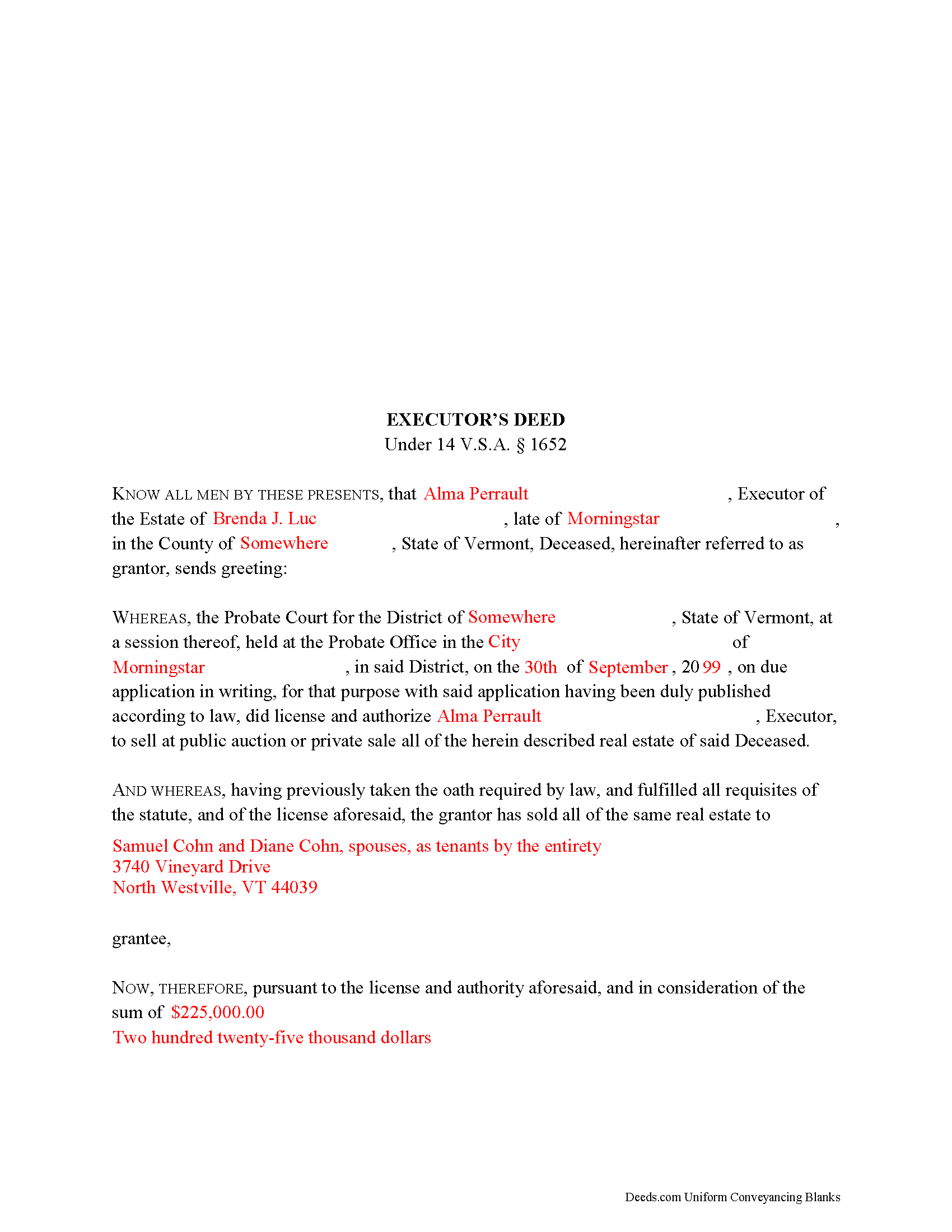 Grand Isle County Executor Deed Form Vermont