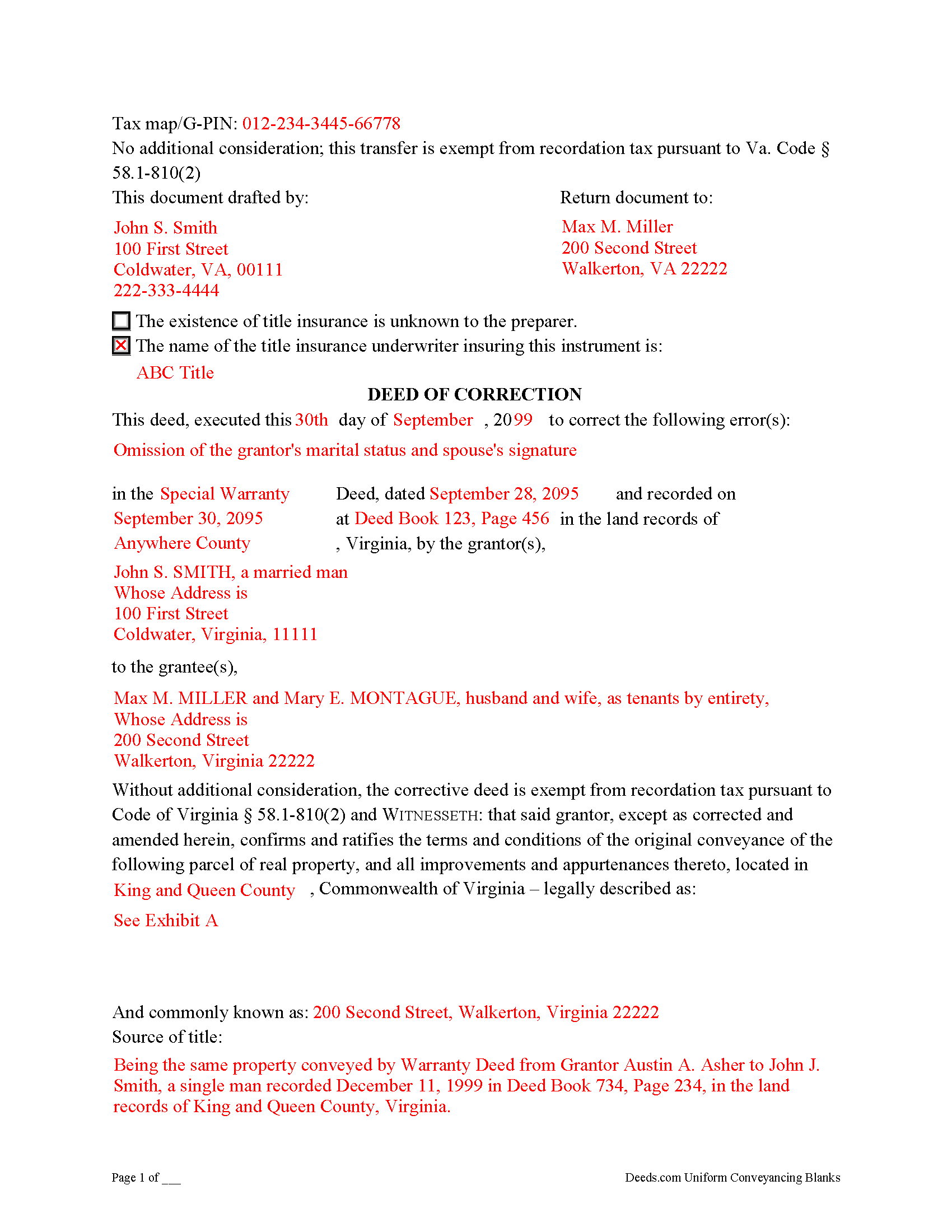 Westmoreland County Correction Deed Form Virginia