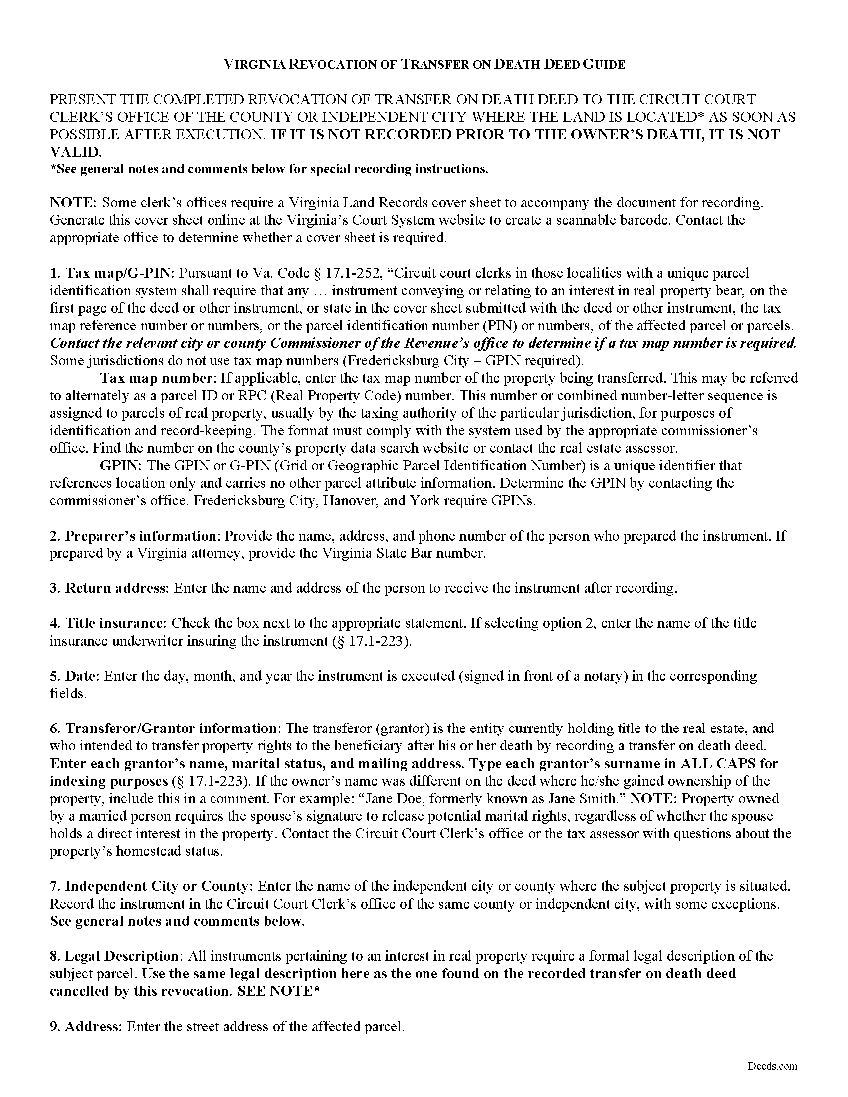 King And Queen County Transfer on Death Revocation Form Virginia