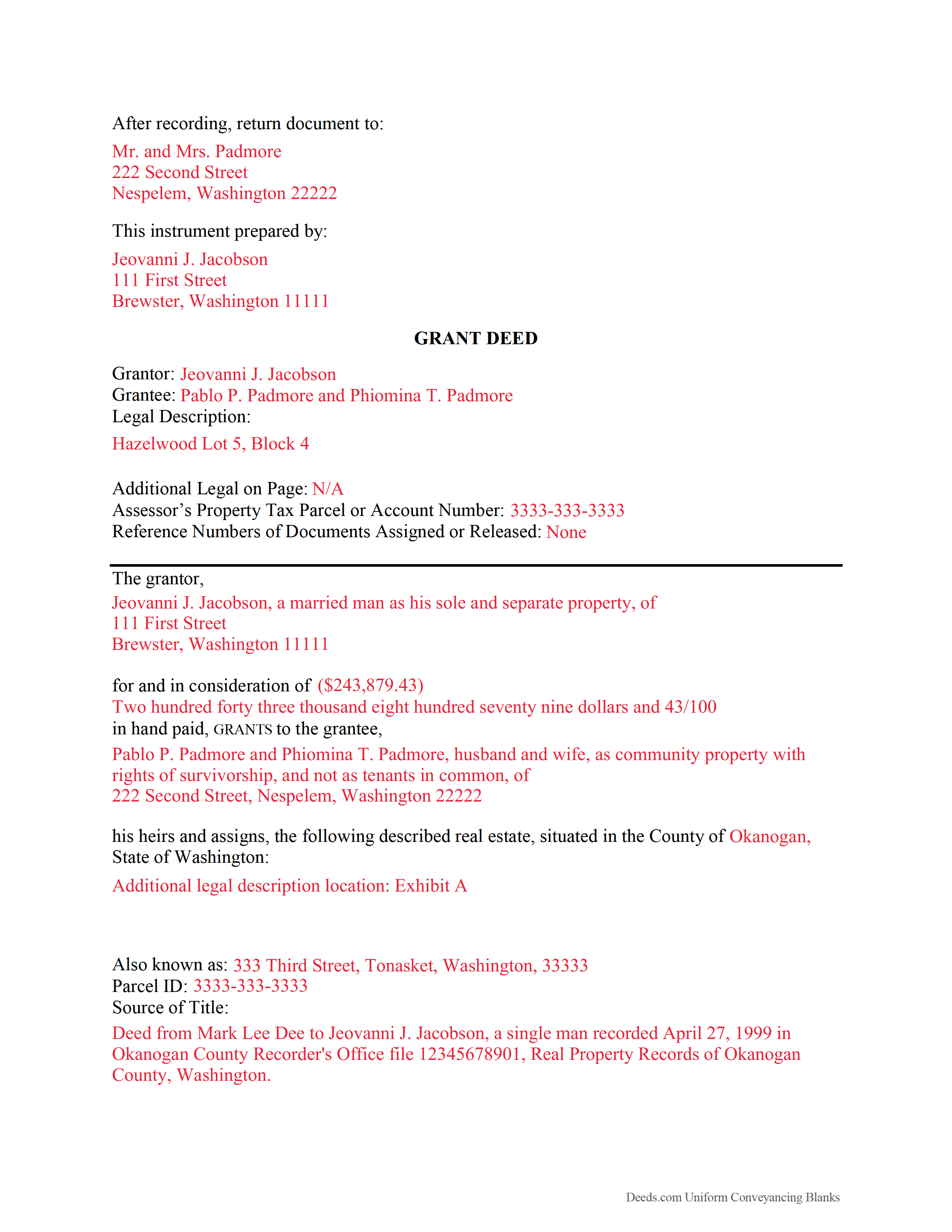 Pierce County Grant Deed Form Washington