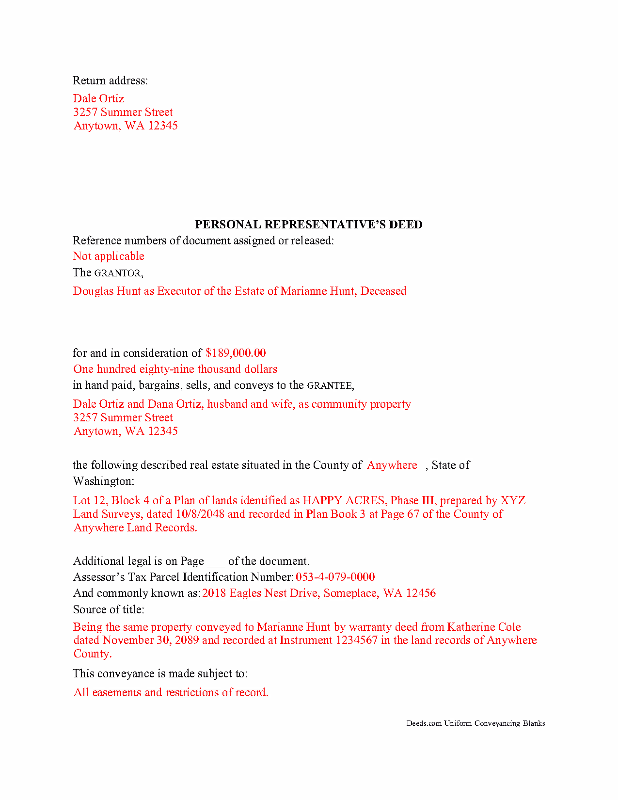 Lewis County Personal Representative Deed Form Washington