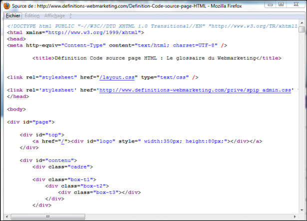 Code source page HTML Définitions Marketing
