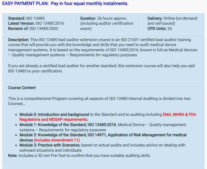 ISO 13485 Lead Auditor Extension Course ISO 21001 Certified