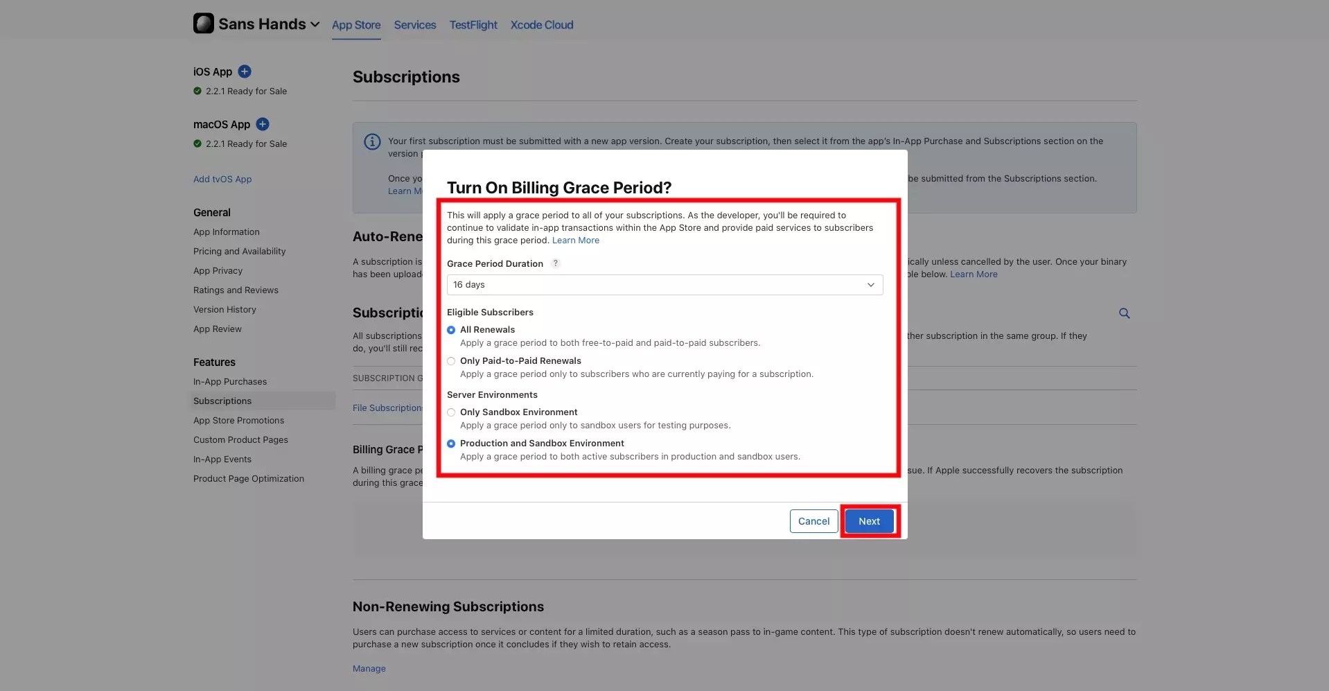 How to setup a subscription grace period in App Store Connect