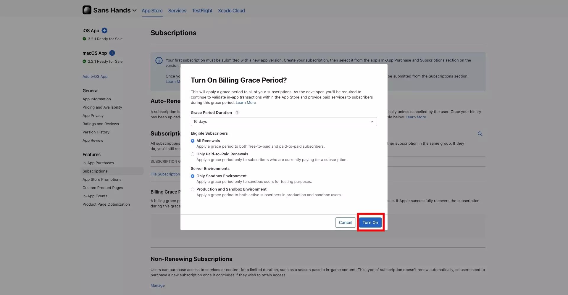 How to setup a subscription grace period in App Store Connect