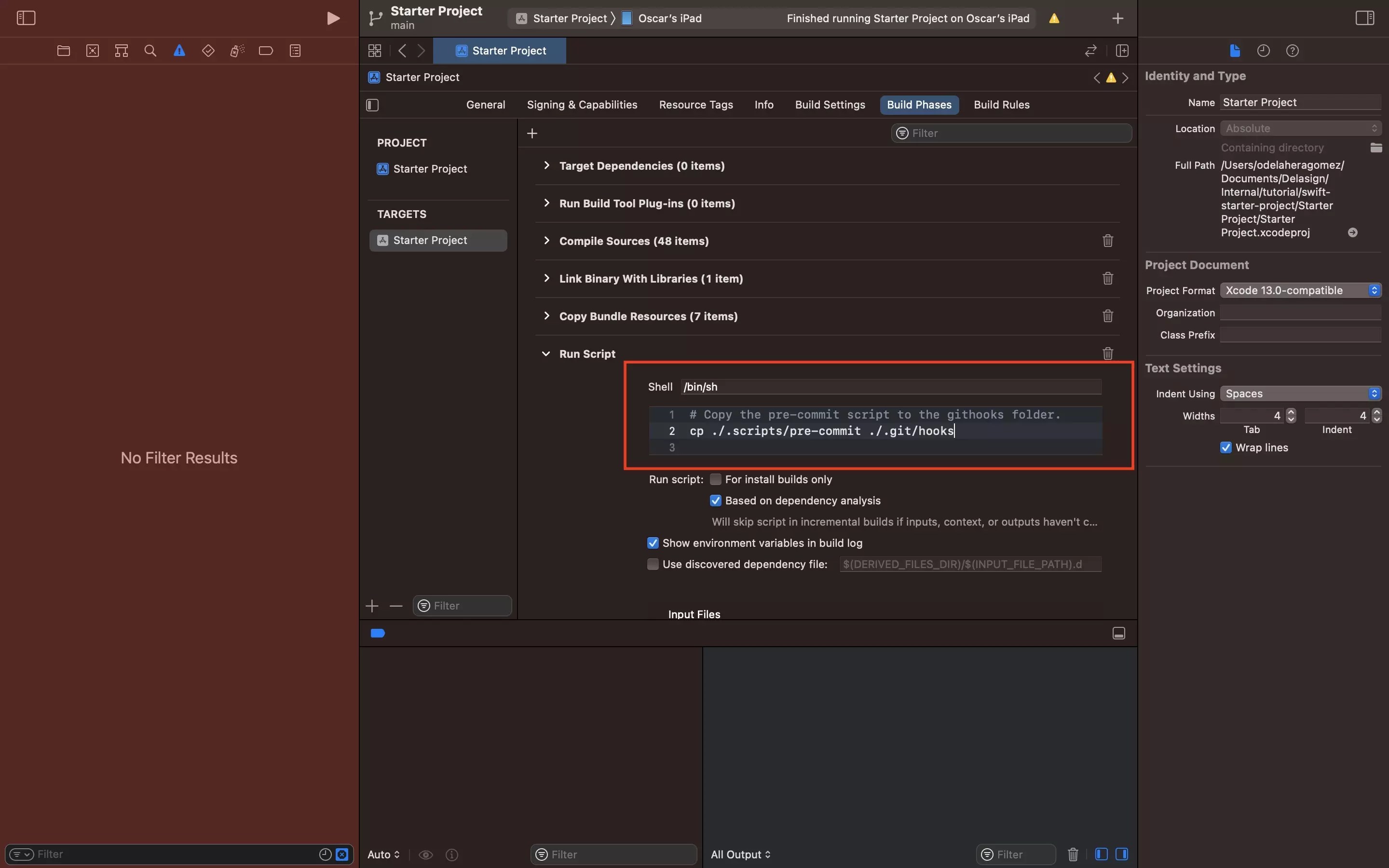 How to add a githook script during the build phase in XCode