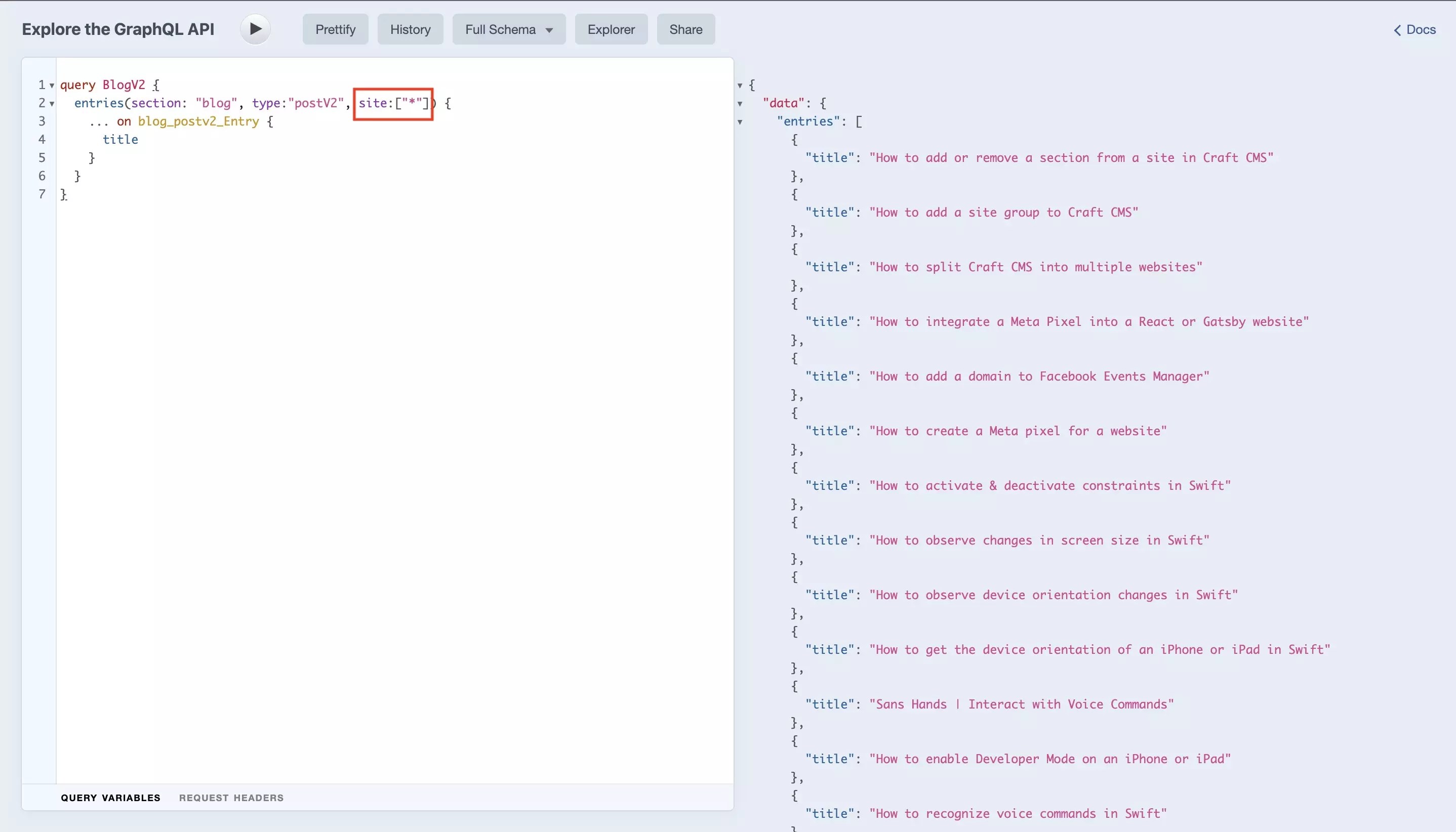 How to filter for a Craft CMS site in a GraphQL Query