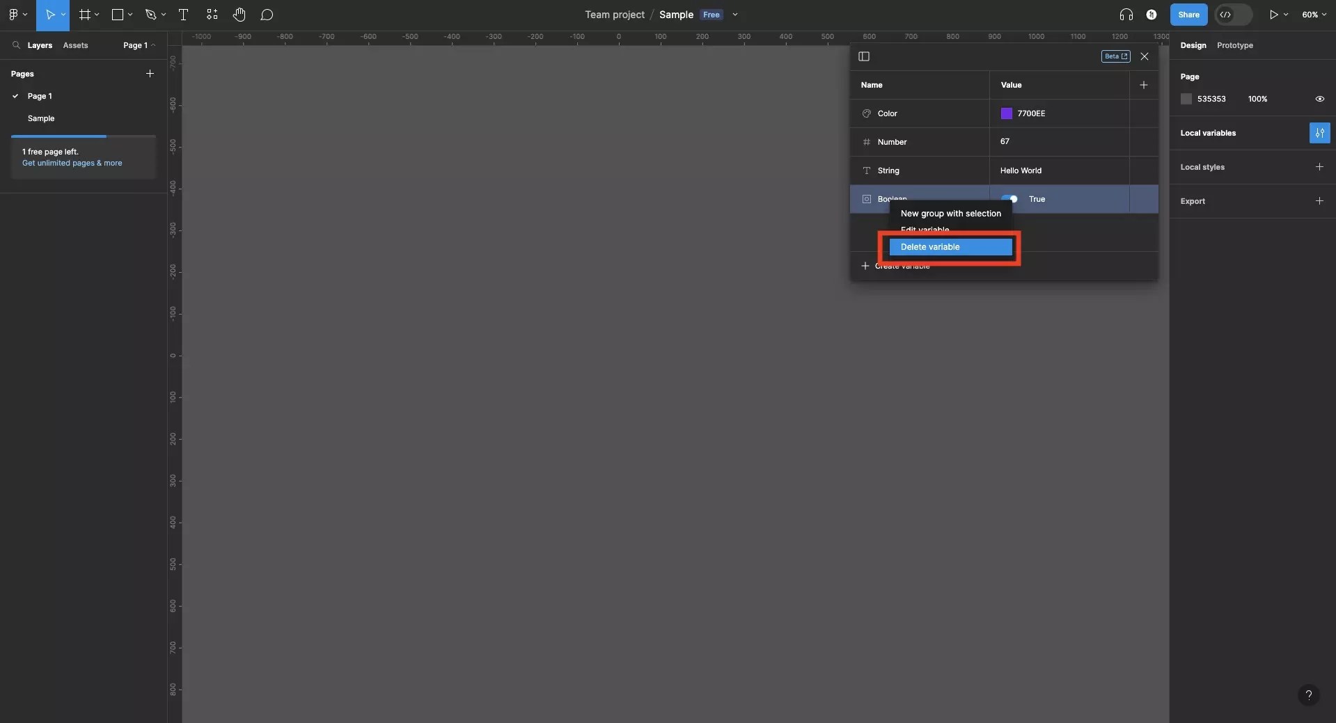 How to delete a variable in Figma