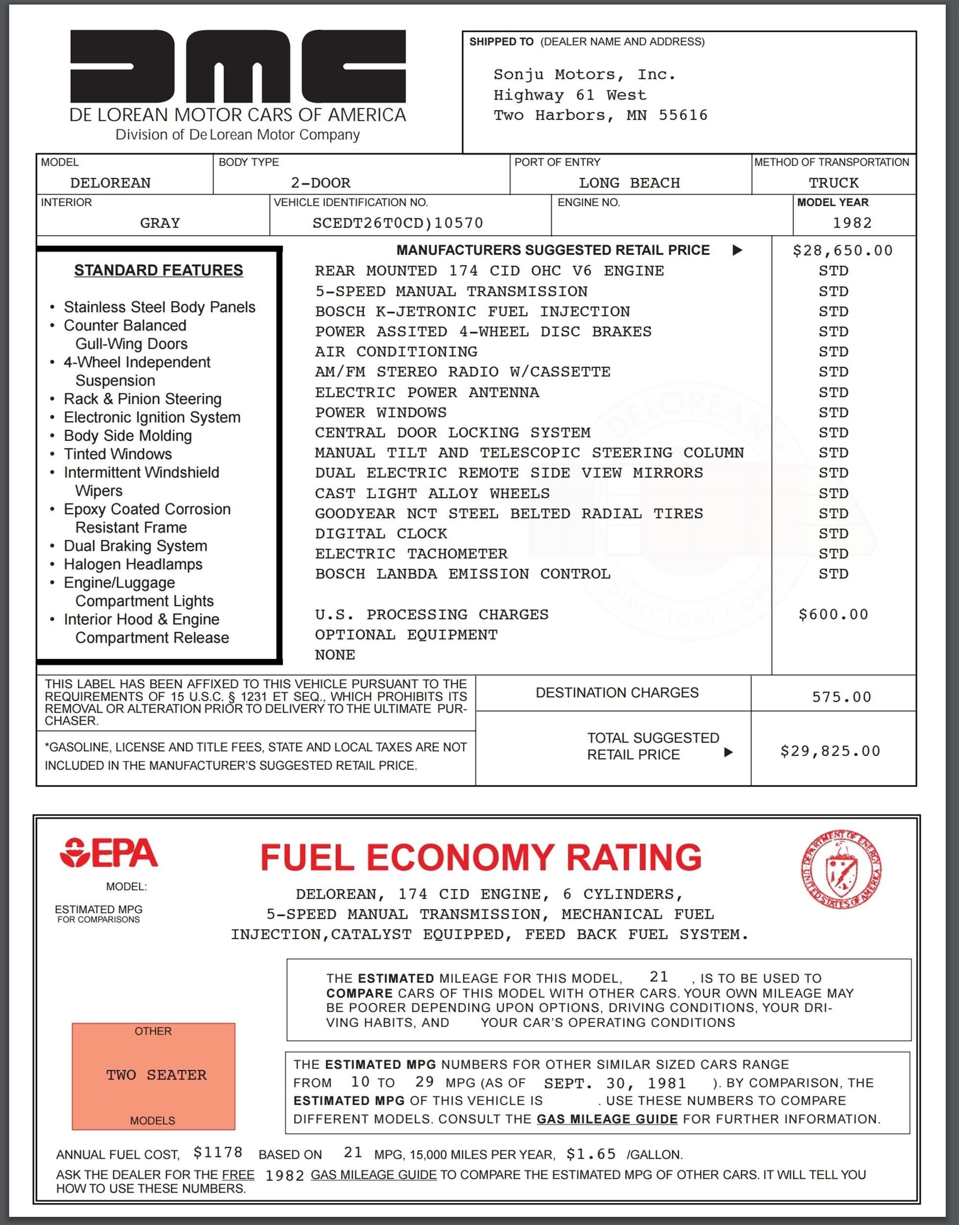 DMC DeLorean Specifications - 1981, 1982, 1983 | DeLorean Directory